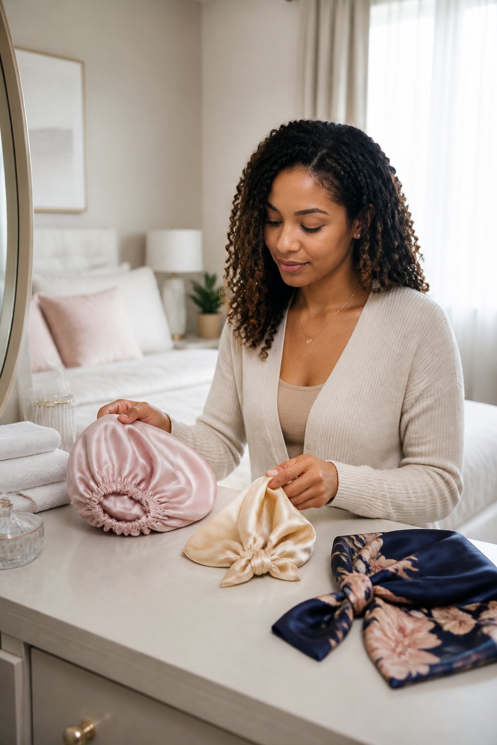 Woman wearing a comfortable satin bonnet to protect her hair overnight.