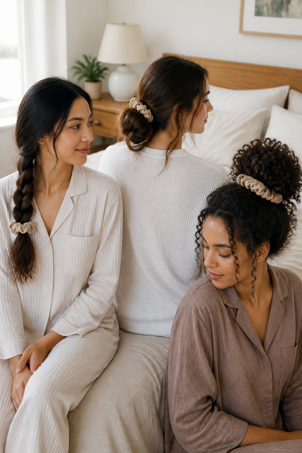 Woman wearing a loose, low-tension braid secured with a soft scrunchie before sleep.
