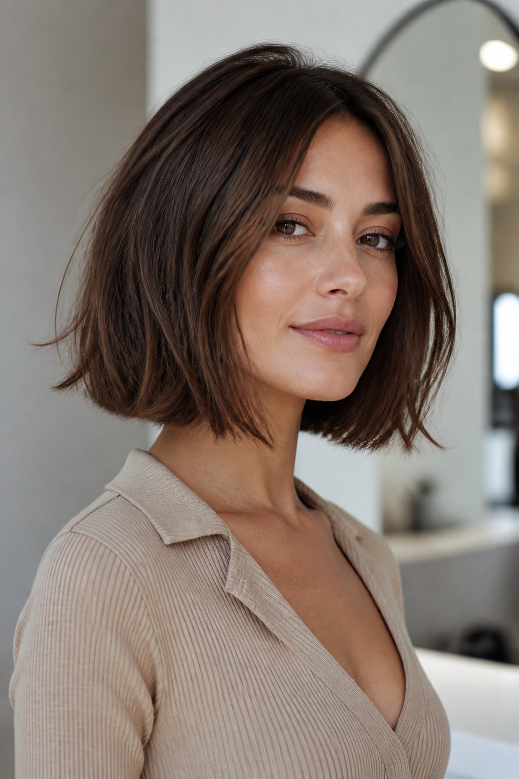 Woman with a blunt bob featuring a dense baseline and softly tousled messy ends.
