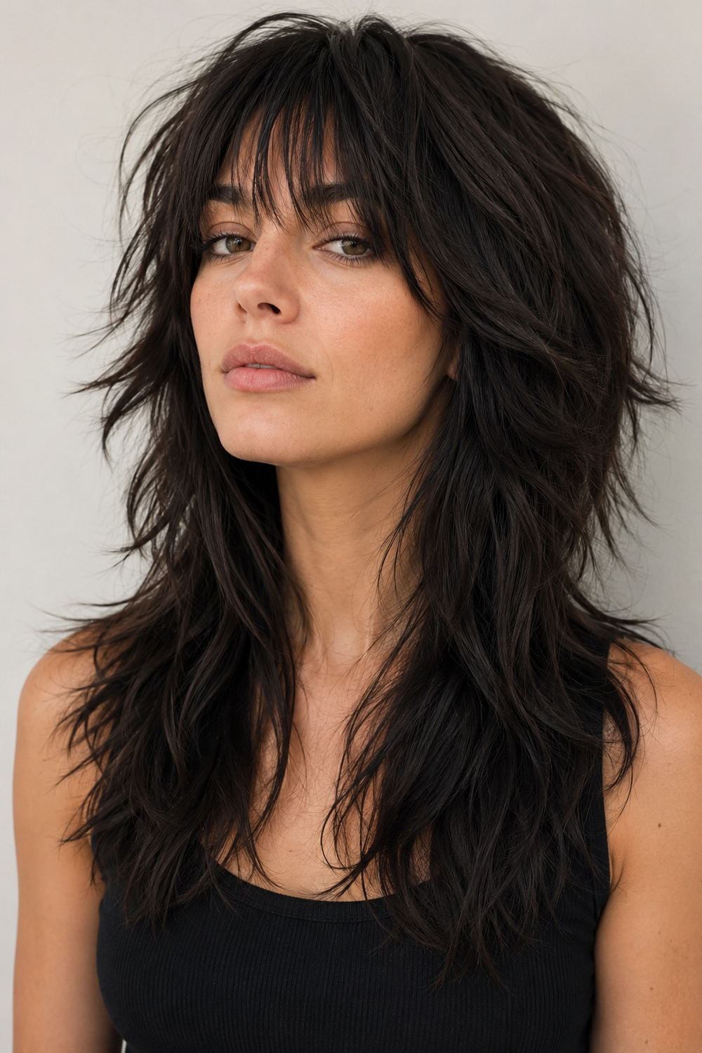 Woman with a long choppy shag haircut, textured piecey bangs, and visible layered movement.