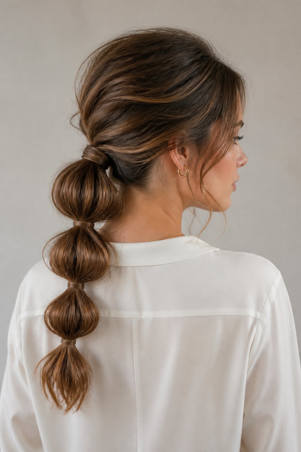 Woman with a loose bubble ponytail featuring gently expanded sections and soft crown volume.