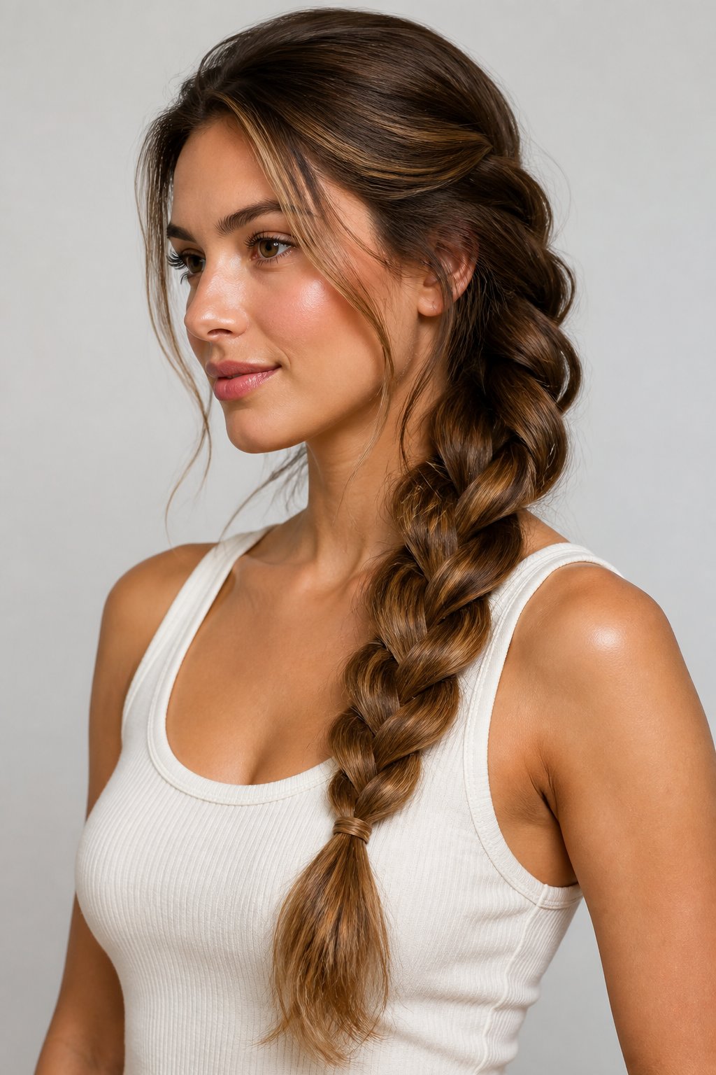 Woman with a loose side braid featuring gently pulled sections for width and soft face-framing pieces.