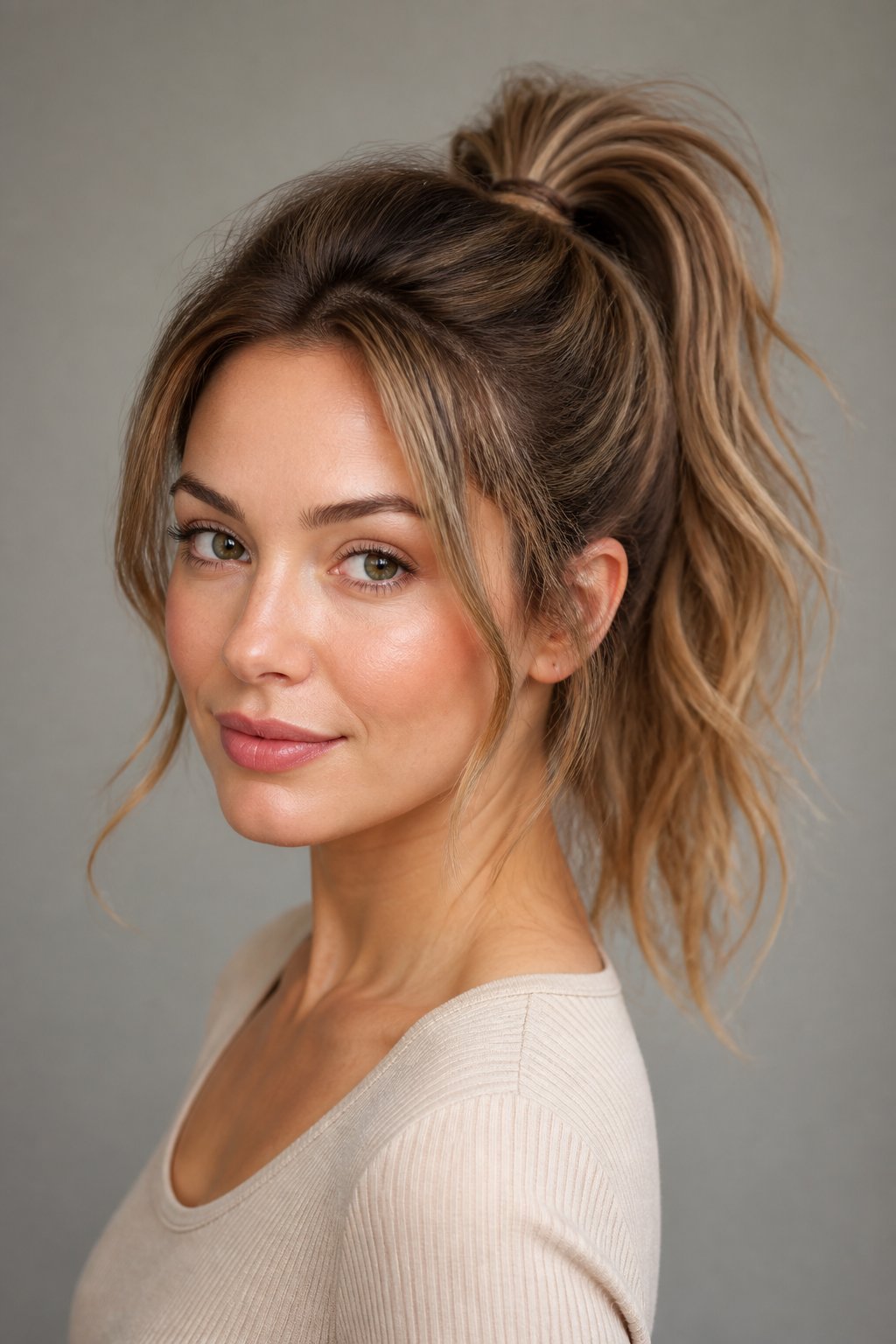 Woman with a messy high ponytail featuring textured volume and soft face-framing strands.