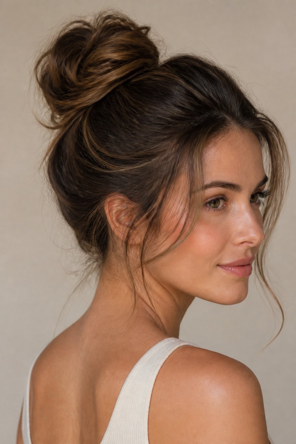 Woman with a messy top knot featuring a loose crown and soft face-framing pieces near the temples.