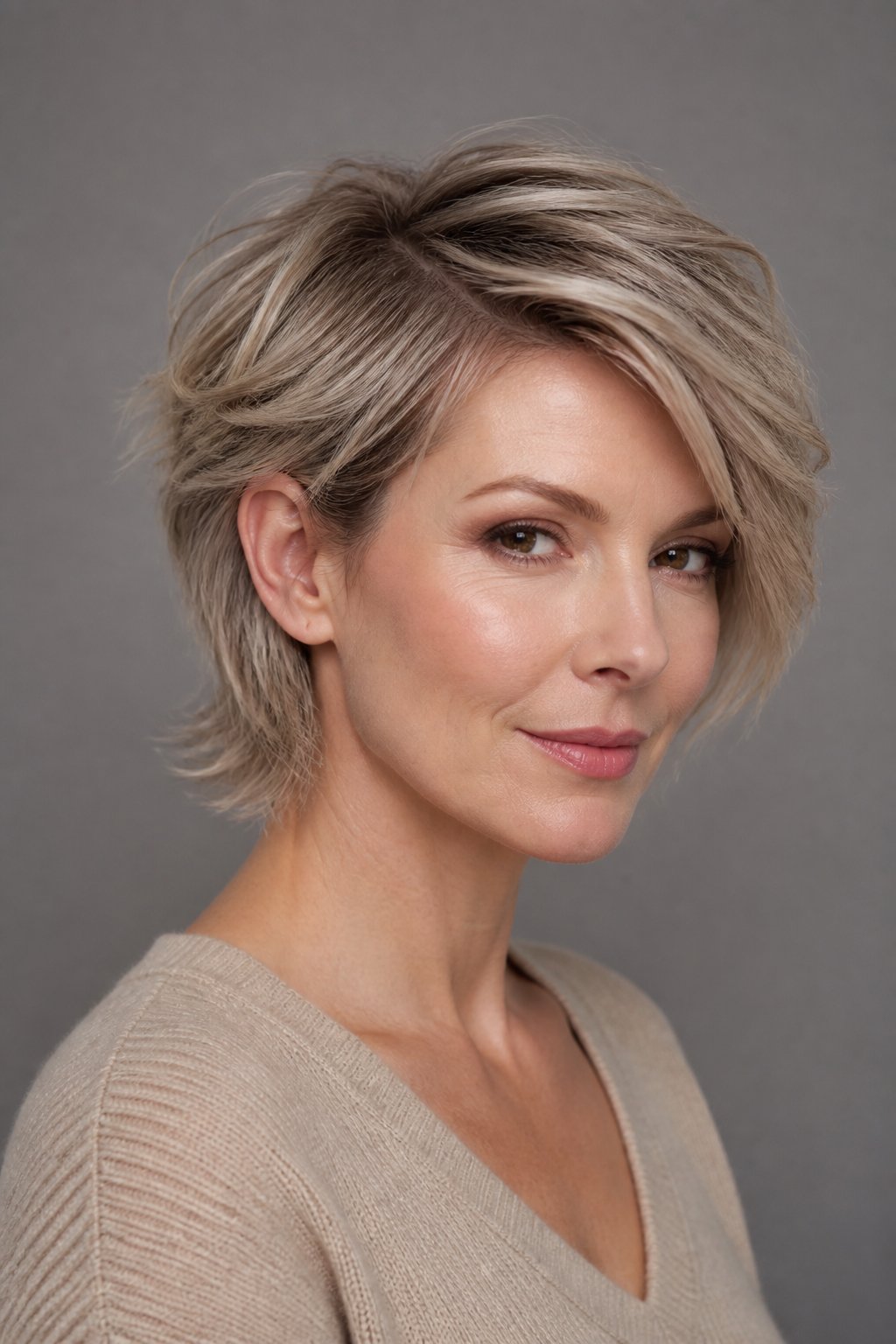 Woman with a piecey bixie haircut featuring crown layers, longer side pieces, and a soft side-swept front.