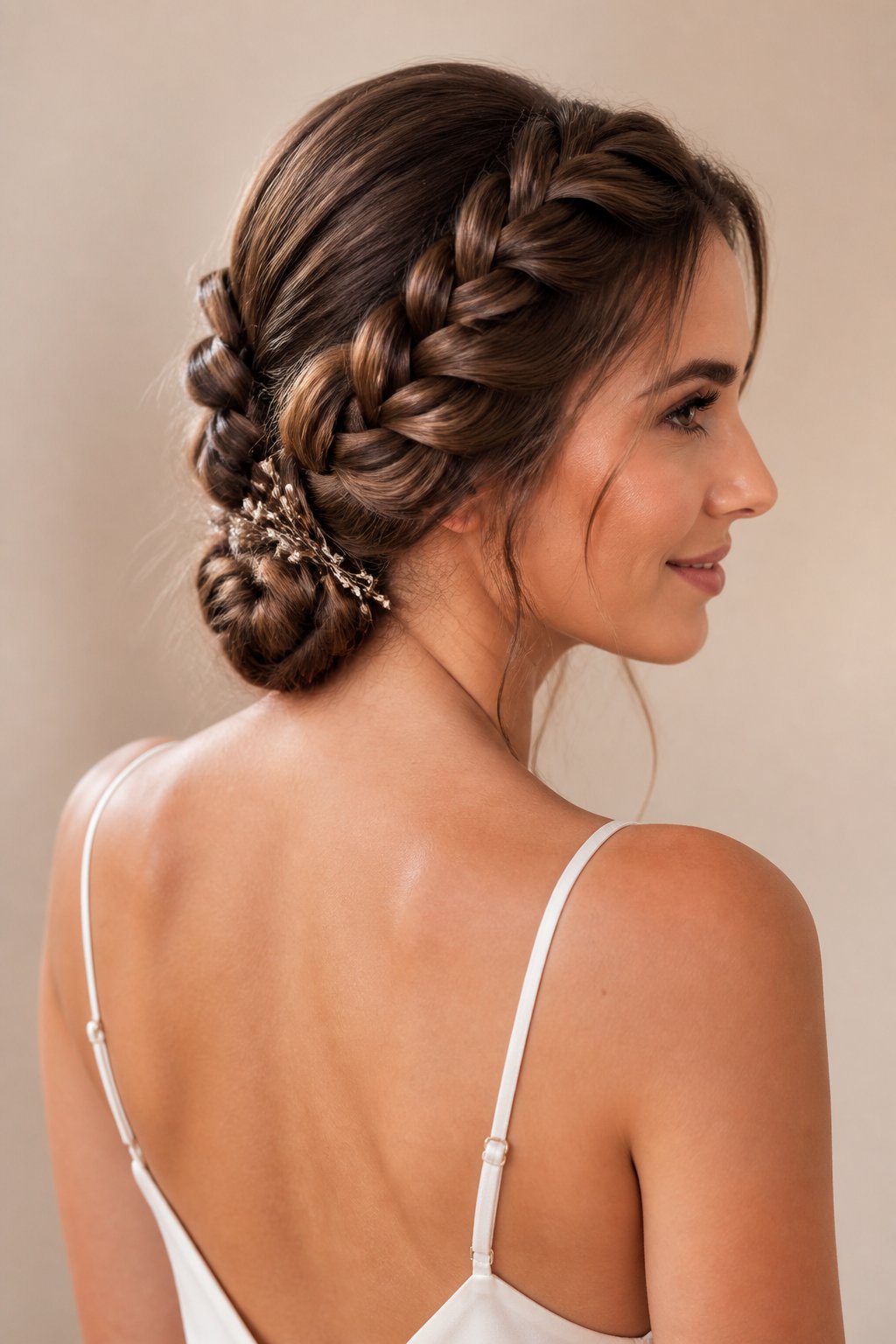 Woman with a pulled-through crown braid featuring soft raised sections and a gently widened braided effect.