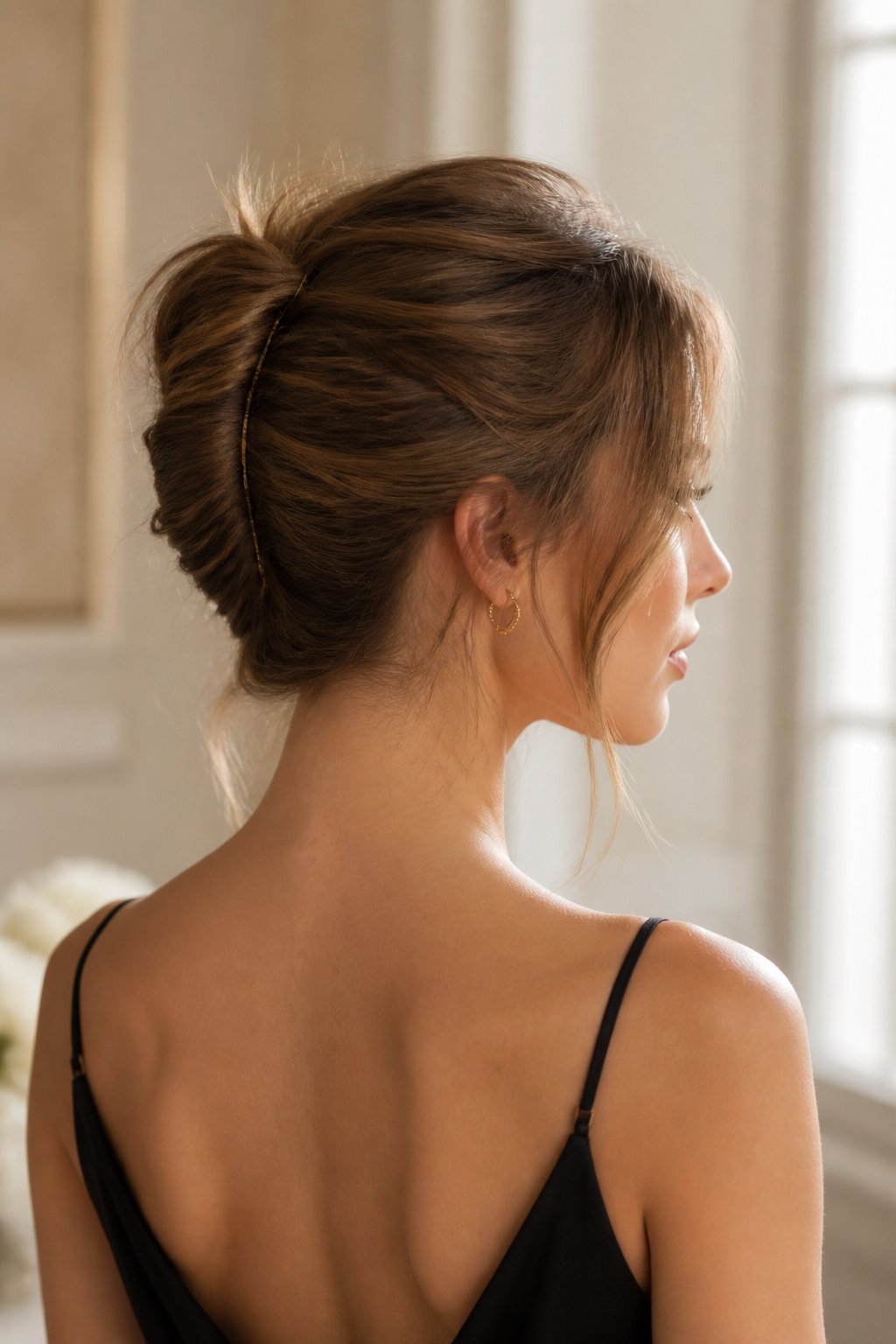 Woman with a relaxed French twist featuring soft root texture, a lifted crown, and tucked ends.