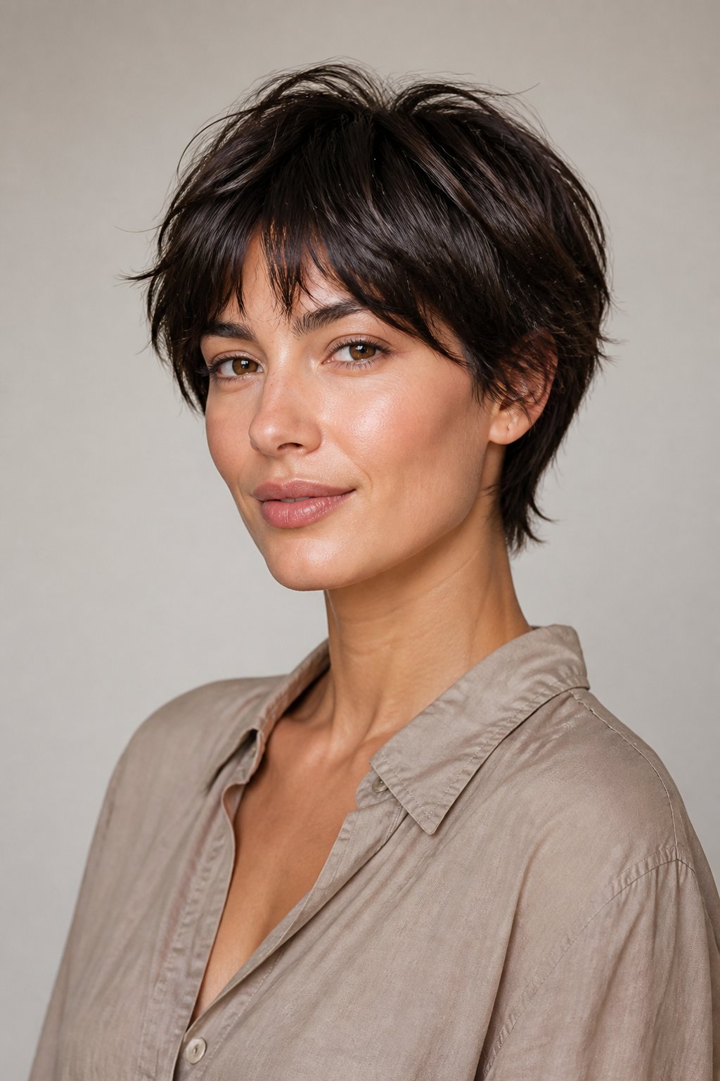 Woman with a shaggy cropped haircut featuring airy crown layers and a light wispy fringe.