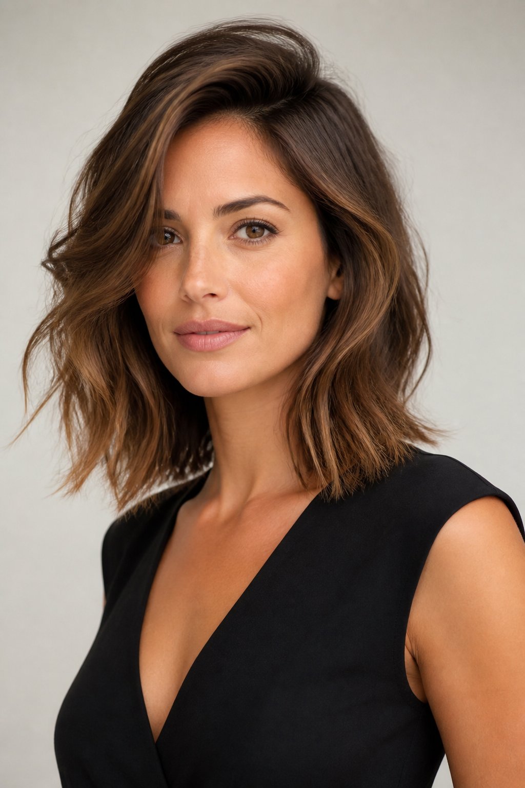 Woman with a side-parted tousled lob featuring collarbone length, loose bends, and crown volume.