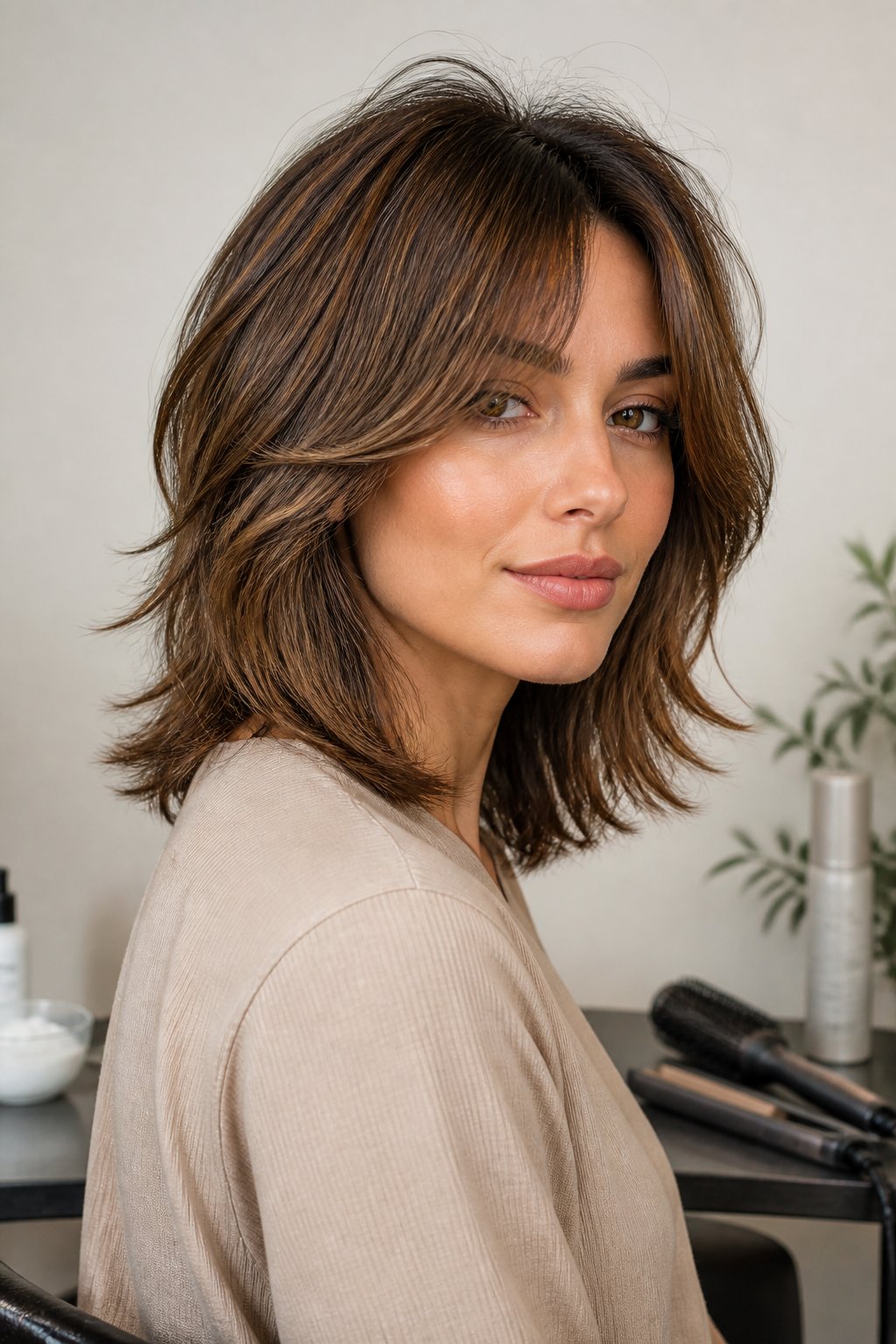 Woman with a soft shag haircut featuring feathered layers and face-framing movement.