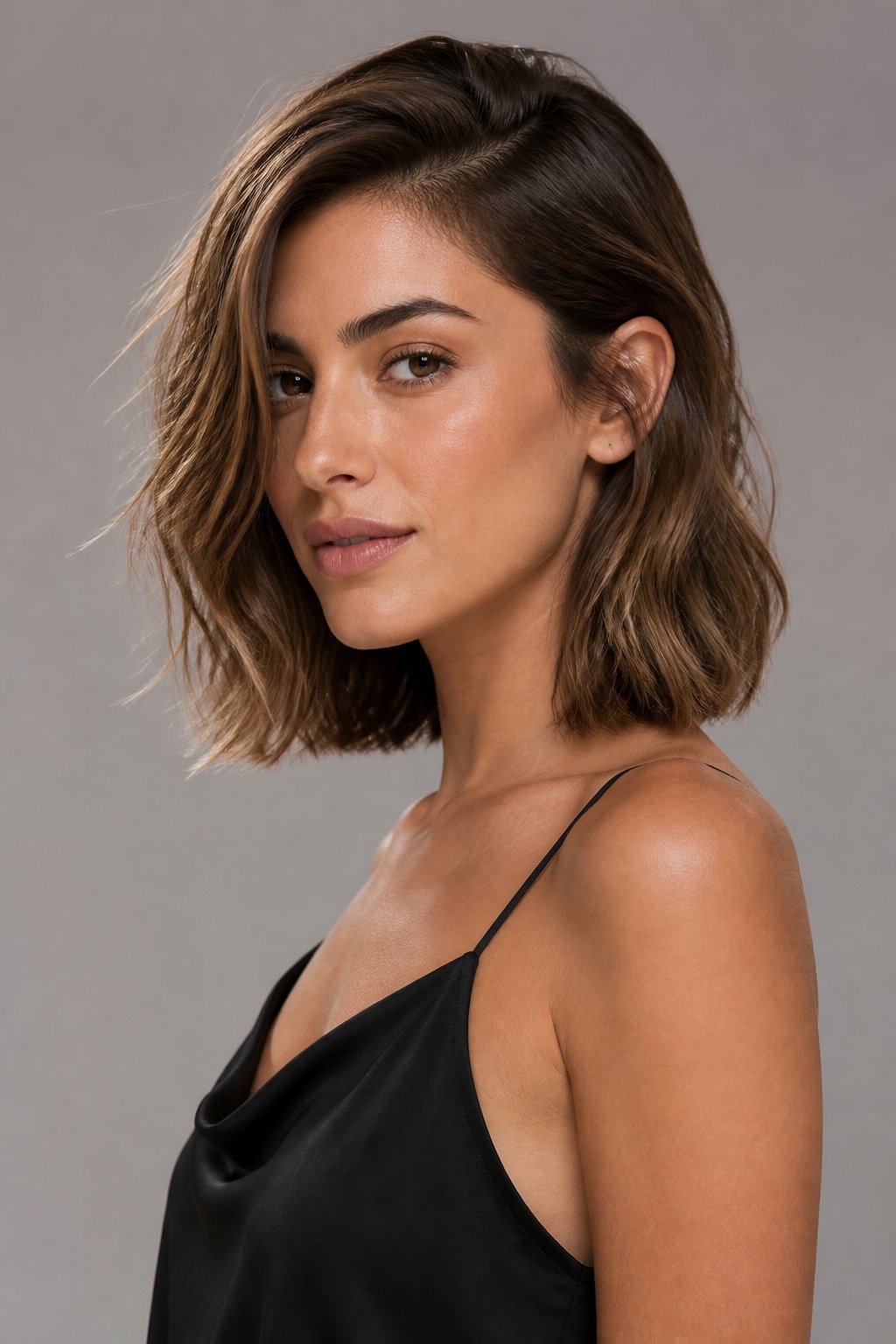Woman with a textured collarbone-length clavicut featuring a deep side part and soft uneven bends.