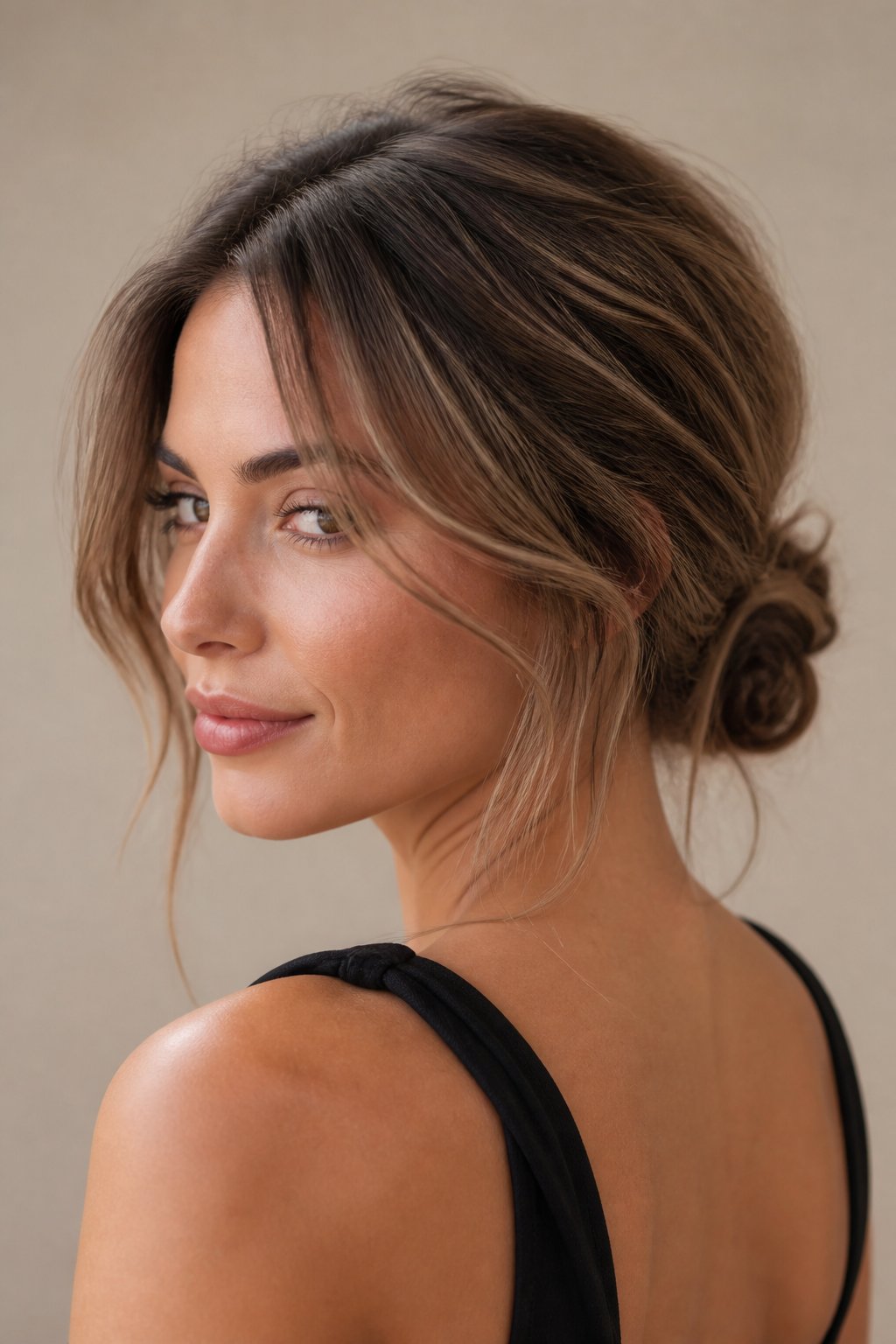 Woman with a textured low bun featuring a softly loosened crown and relaxed face-framing strands.