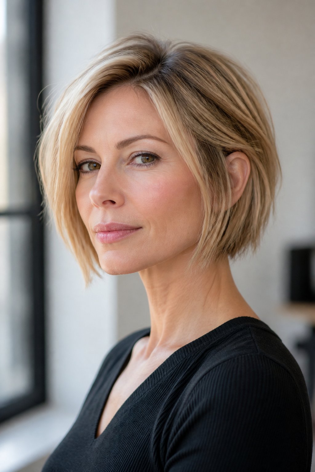 Woman with a textured micro bob cut around the jaw with softly broken-up ends and natural root lift.