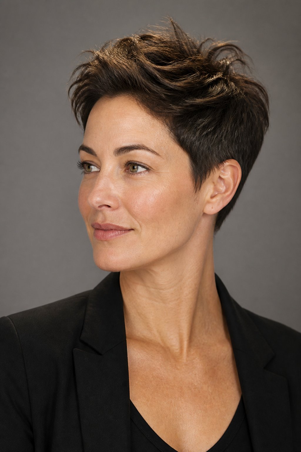 Woman with a tousled pixie haircut featuring short sides, textured top layers, and lifted crown volume.