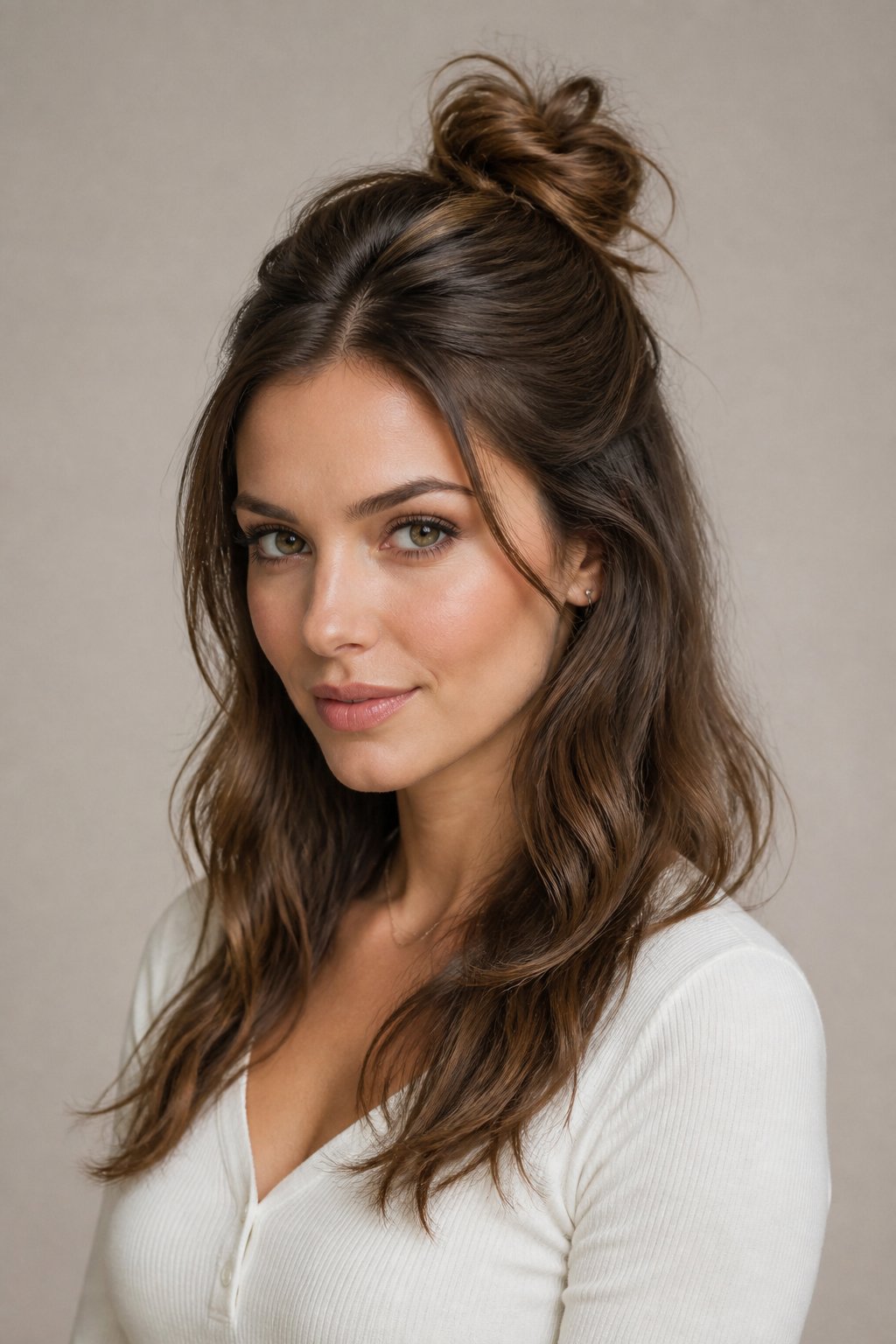 Woman with a voluminous half-up bun featuring a softly lifted crown and loose waves below.