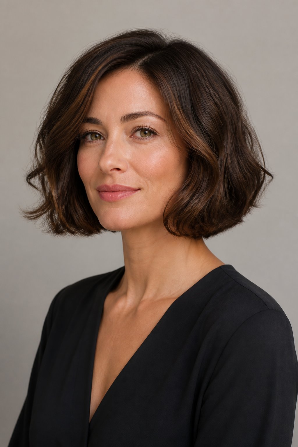 Woman with a wavy chin-length bob featuring soft bends, a full perimeter, and natural-looking volume.