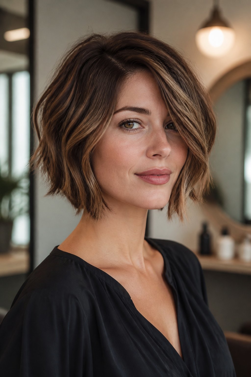 Woman with an undone A-line bob that is shorter at the back and gradually longer toward the front.