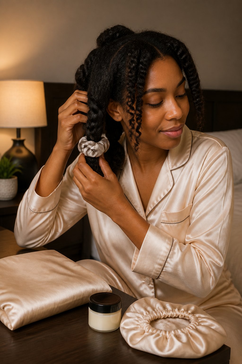 Woman with curly, coily hair using a soft protective style for sleep.