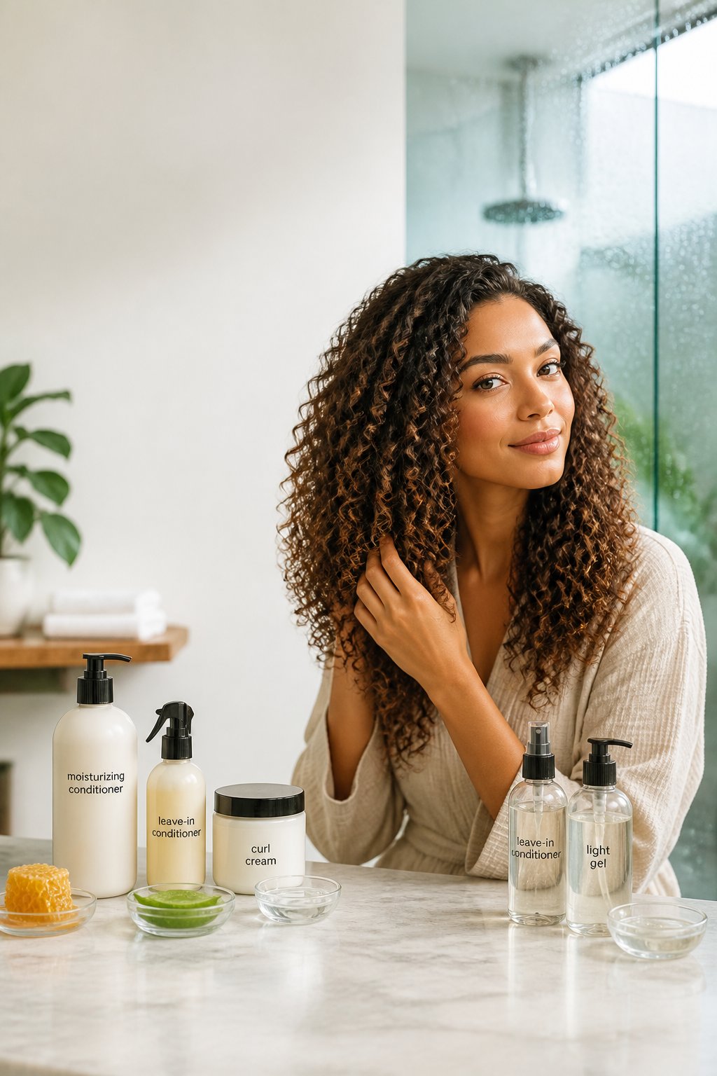 Woman with defined curls holding a moisturizing product containing humectants in a bright bathroom.
