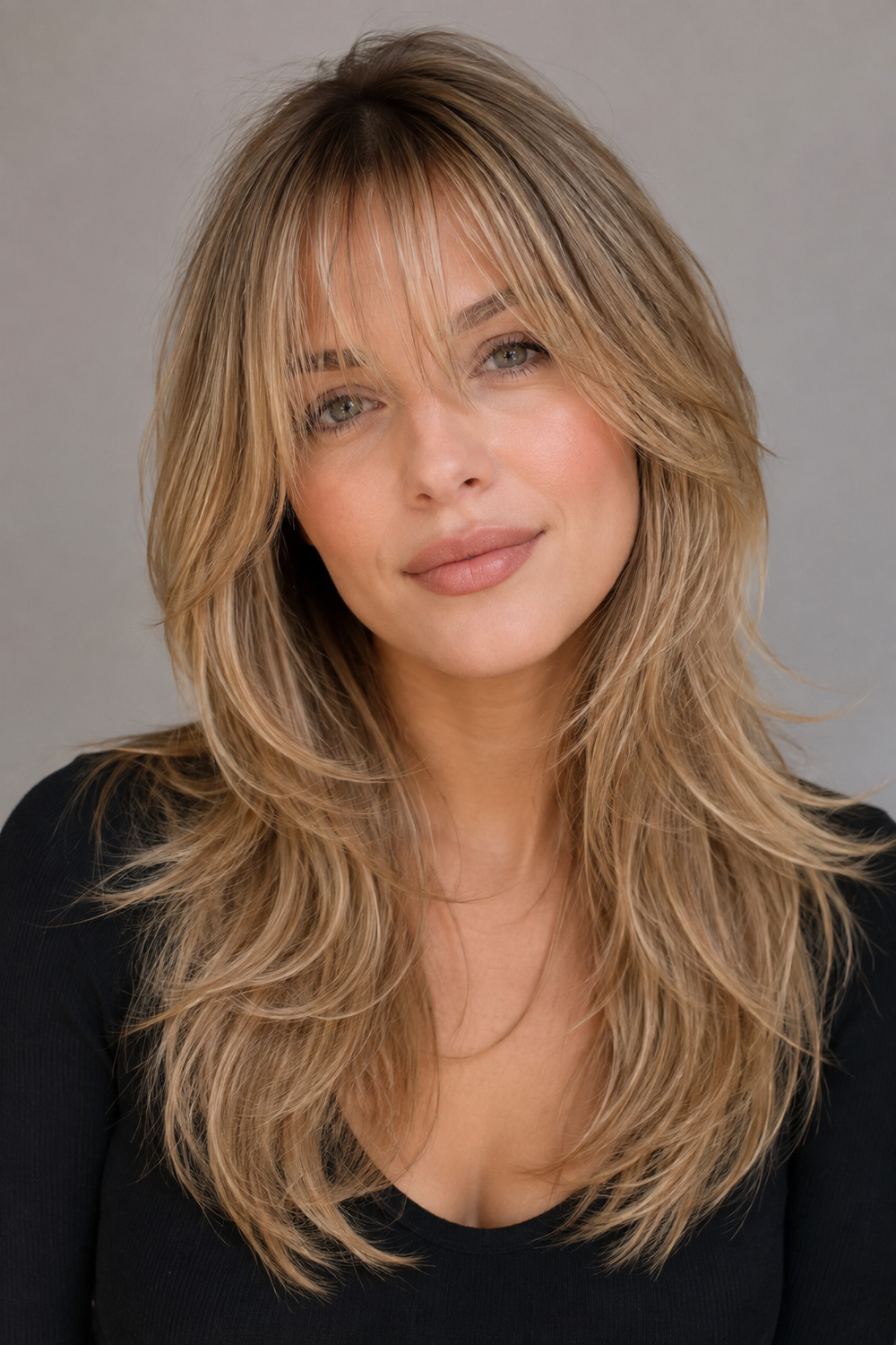 Woman with fine-looking long blonde layers and light airy wispy bangs designed to preserve lift.