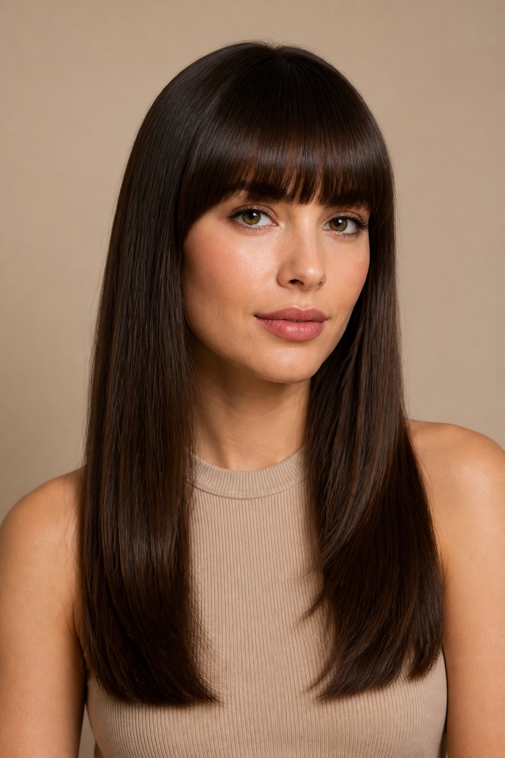 Woman with glossy long dark hair and a polished full fringe at eyebrow level.
