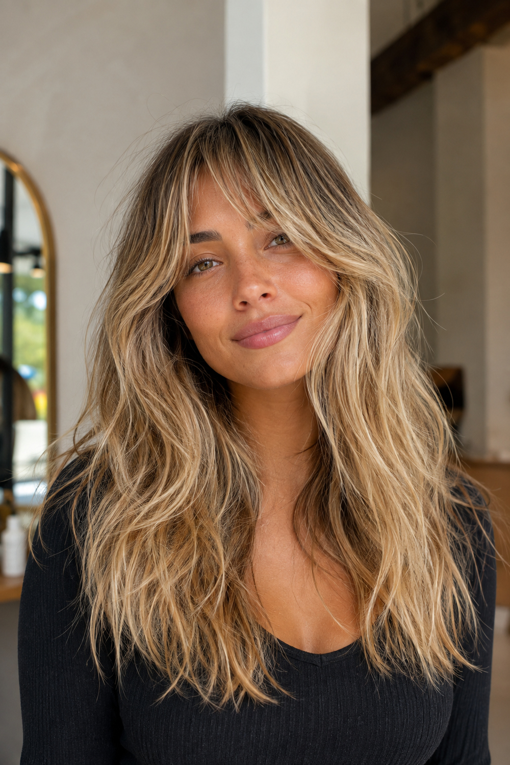 Woman with long blonde beachy layers and soft feathered bangs with tapered ends.