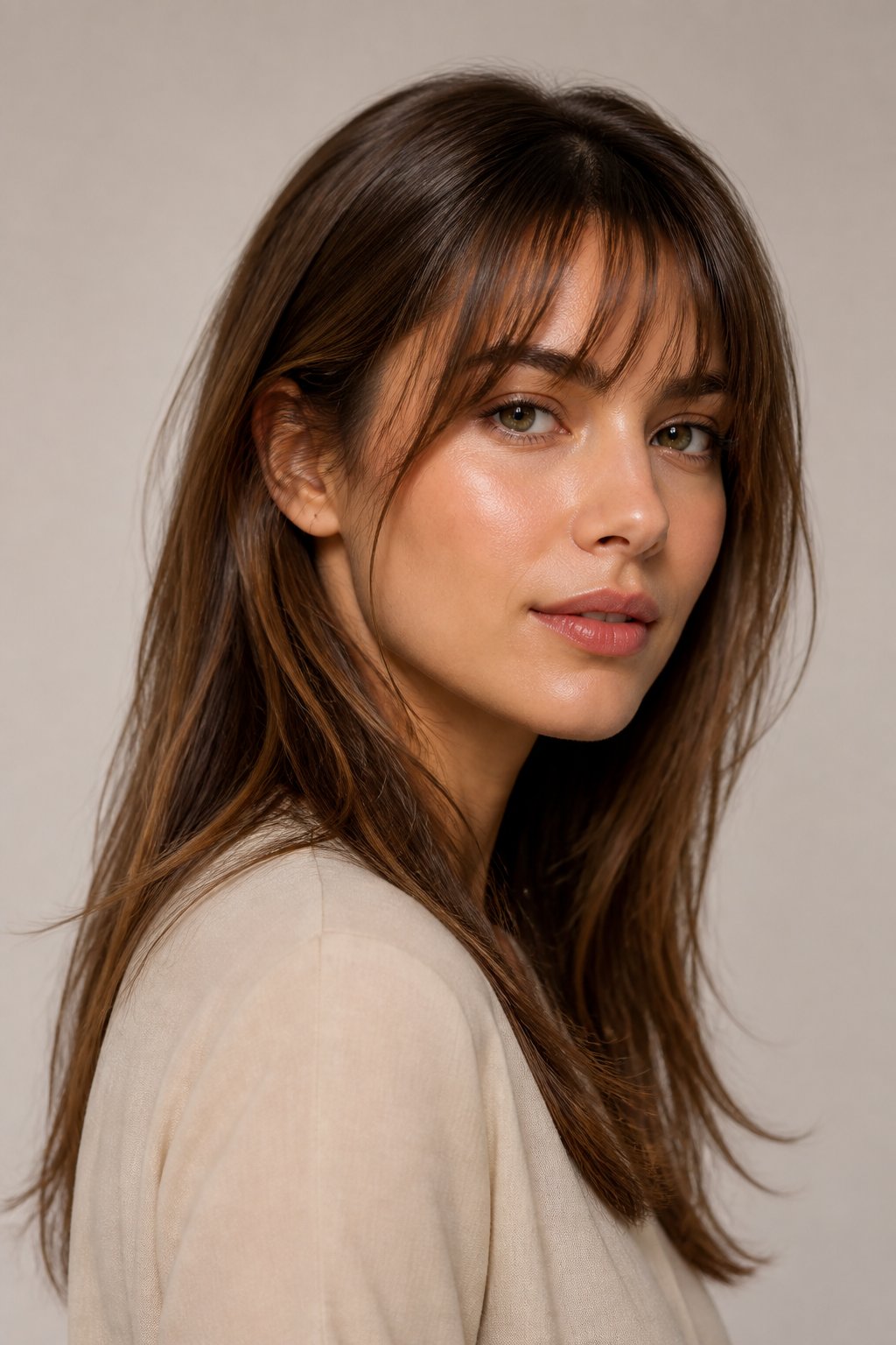 Woman with long brunette hair and light, finely textured wispy bangs.