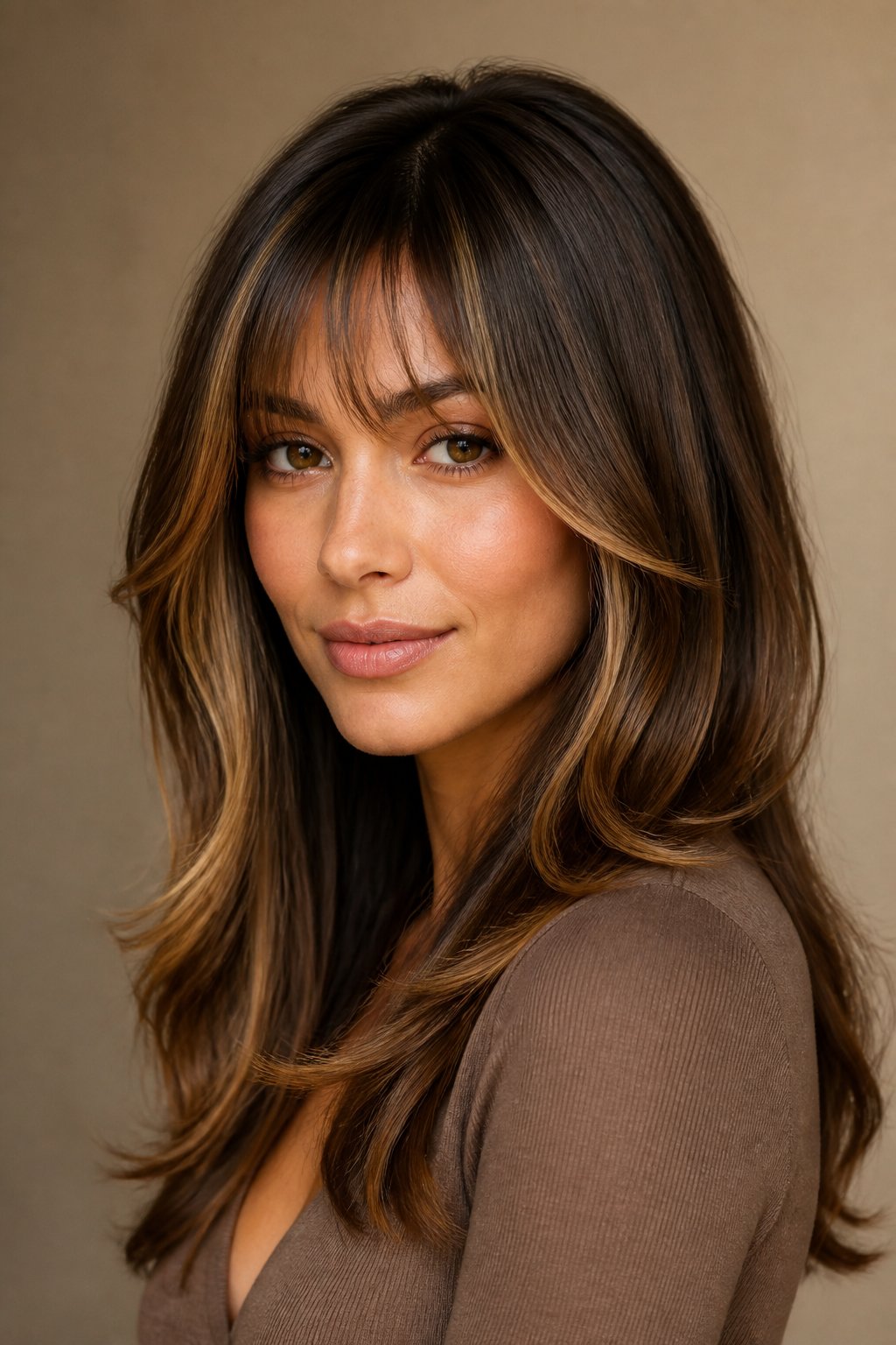 Woman with long brunette hair, curtain bangs, and bright face-framing highlights.