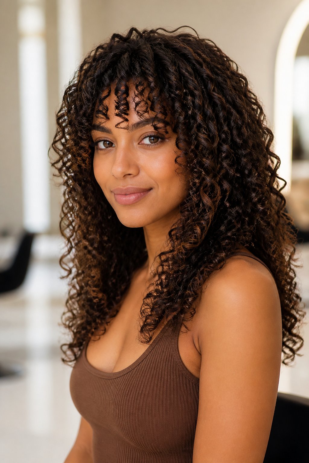 Woman with long defined curls and a naturally shaped curly fringe.