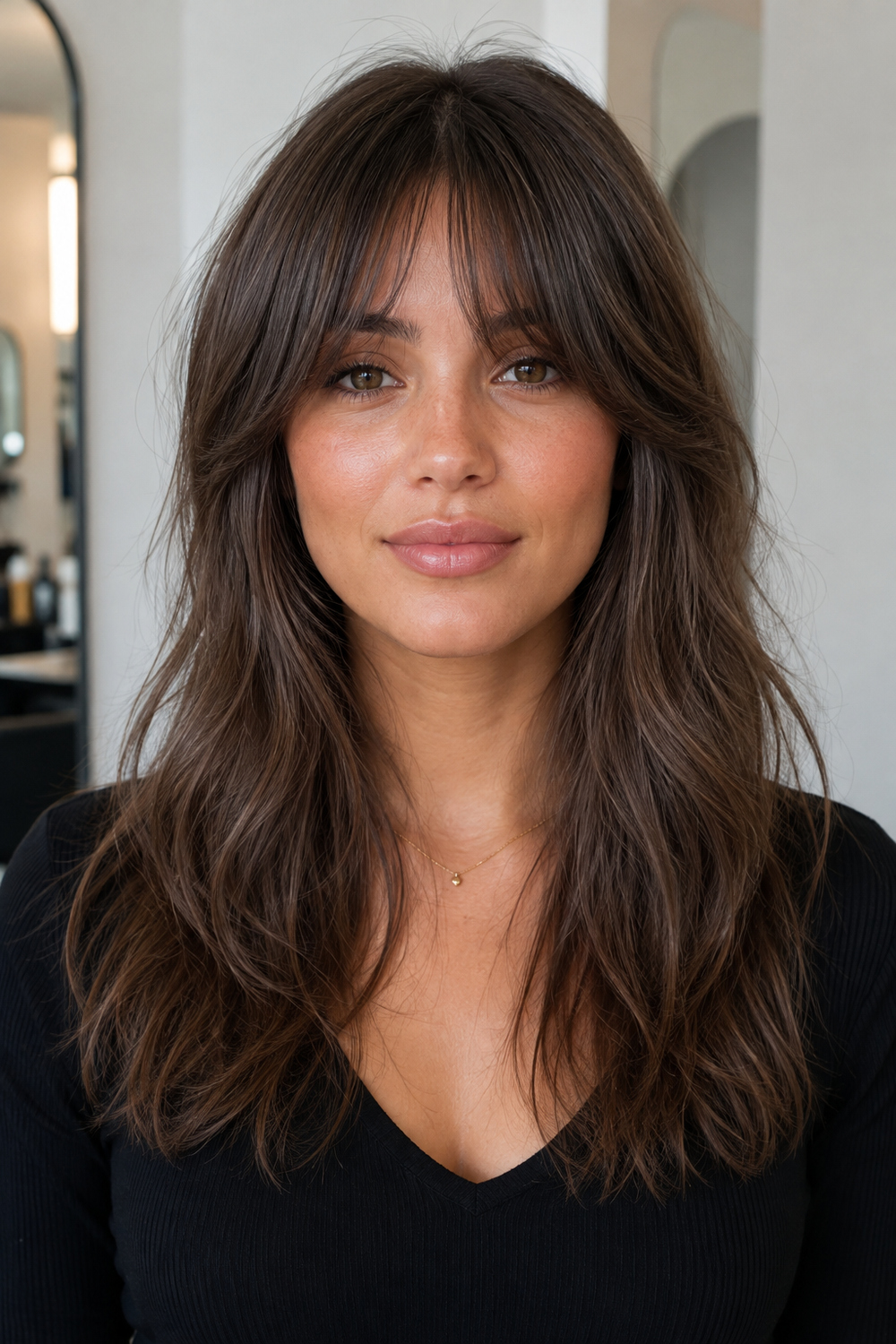 Woman with long hair and longer face-framing fringe around the brow and cheekbone showing a softer bang shape.