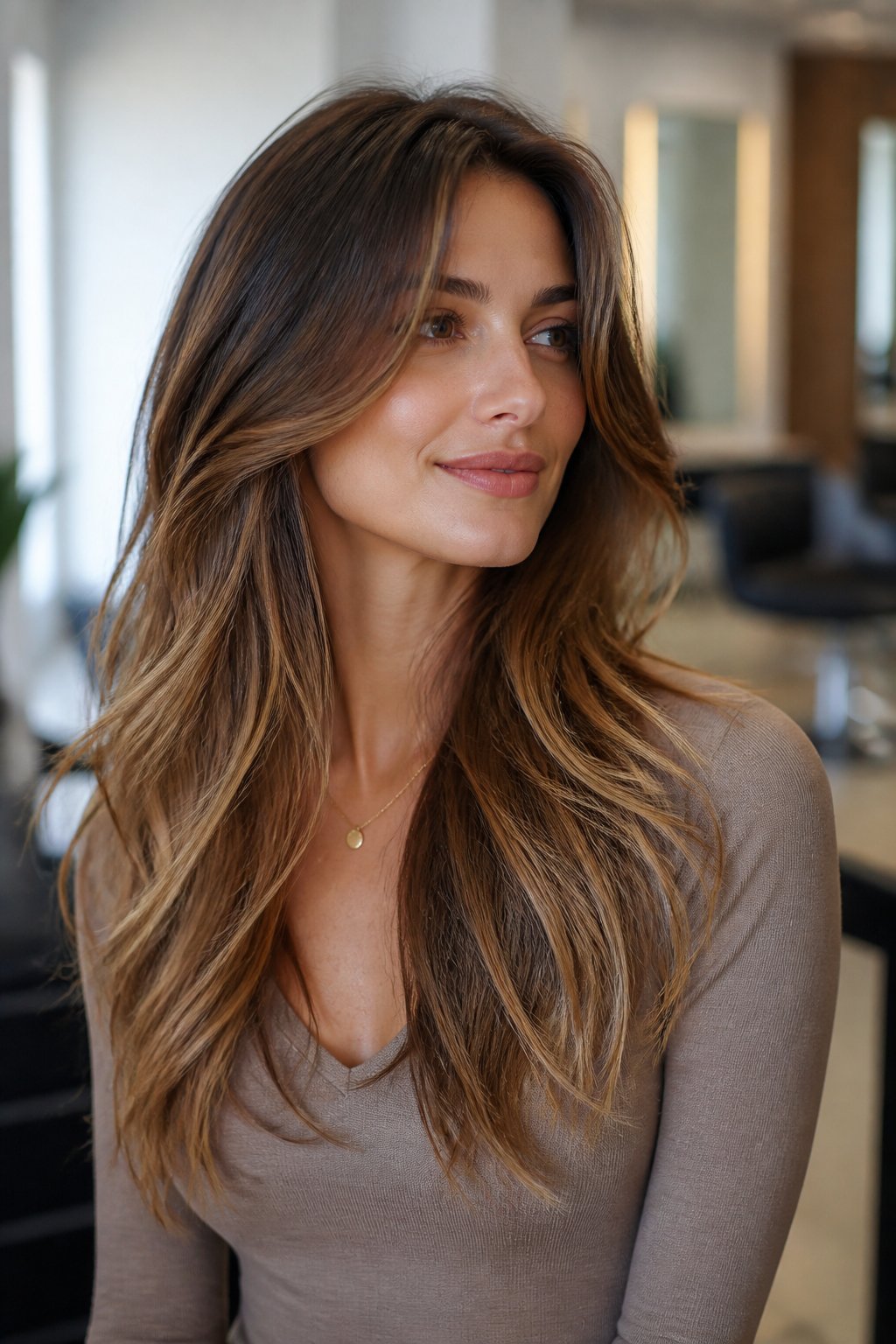 Woman with long layered hair and a soft brunette-to-caramel balayage blend.