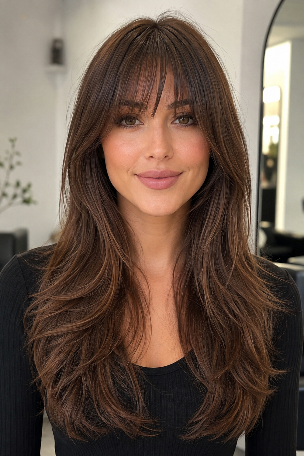 Woman with long layered hair and soft full wispy bangs that frame balanced facial proportions.