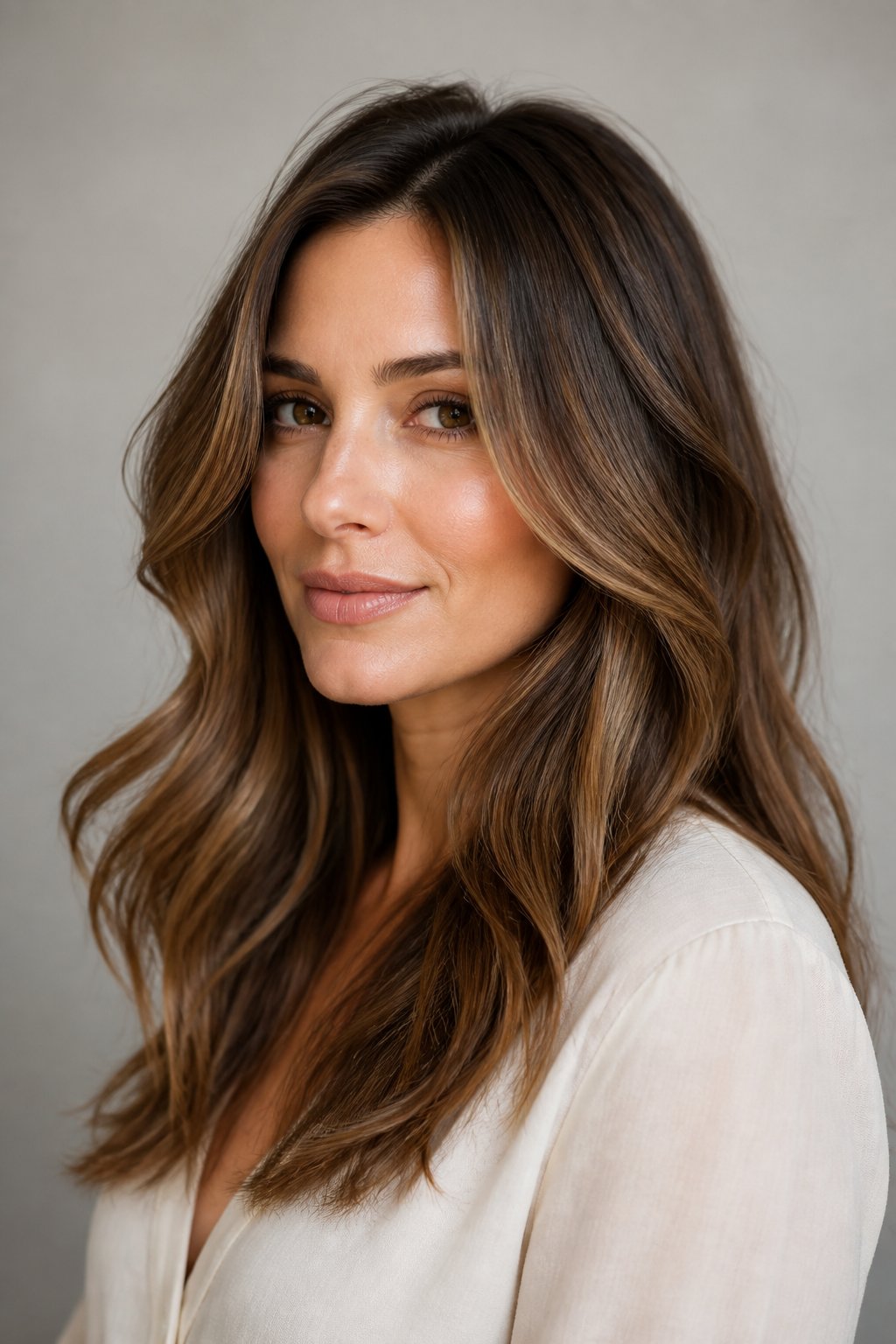 Woman with long layered waves featuring soft face-framing pieces around the cheekbones and chin.