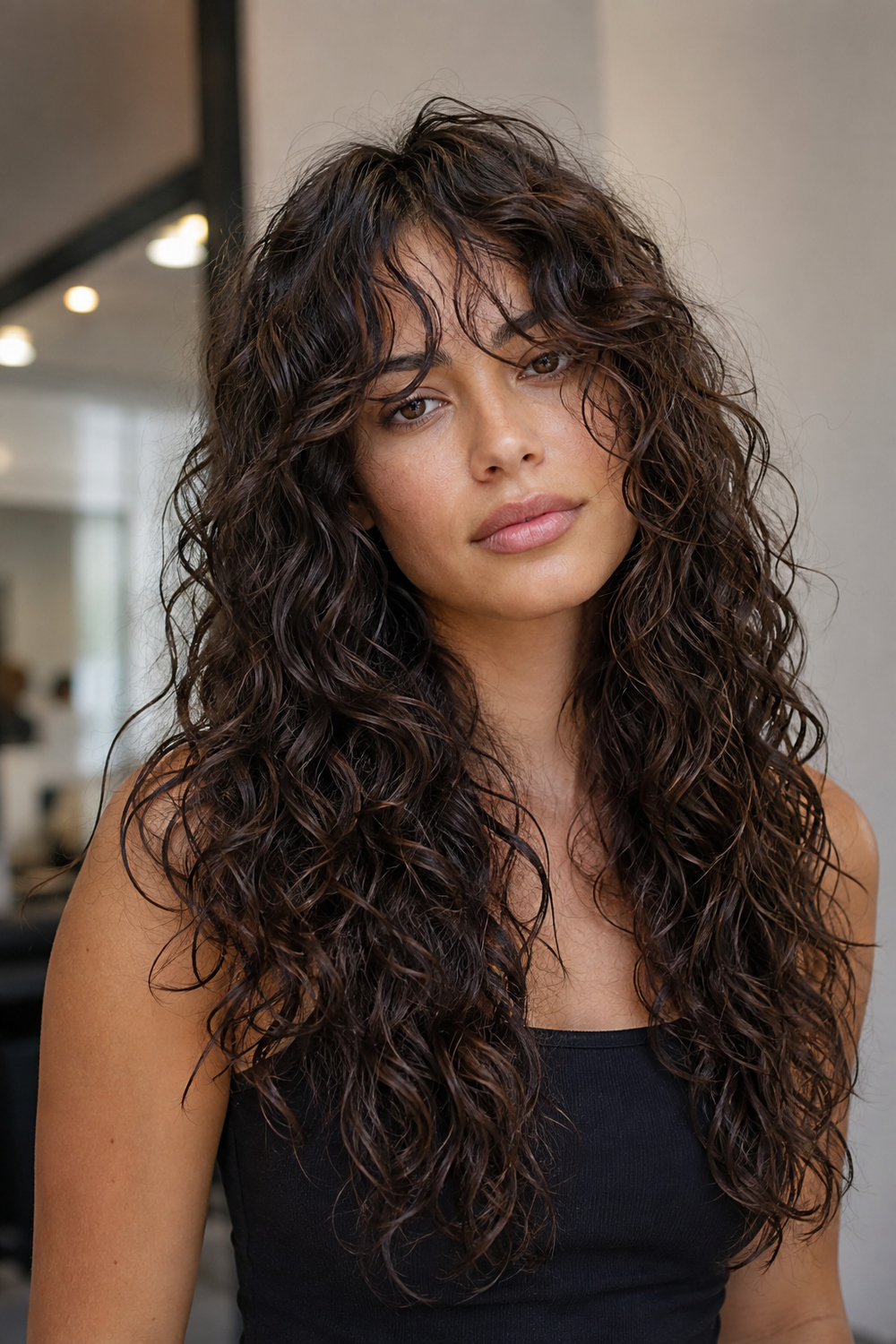 Woman with long naturally curly hair and a looser curly fringe that moves with the curl pattern.