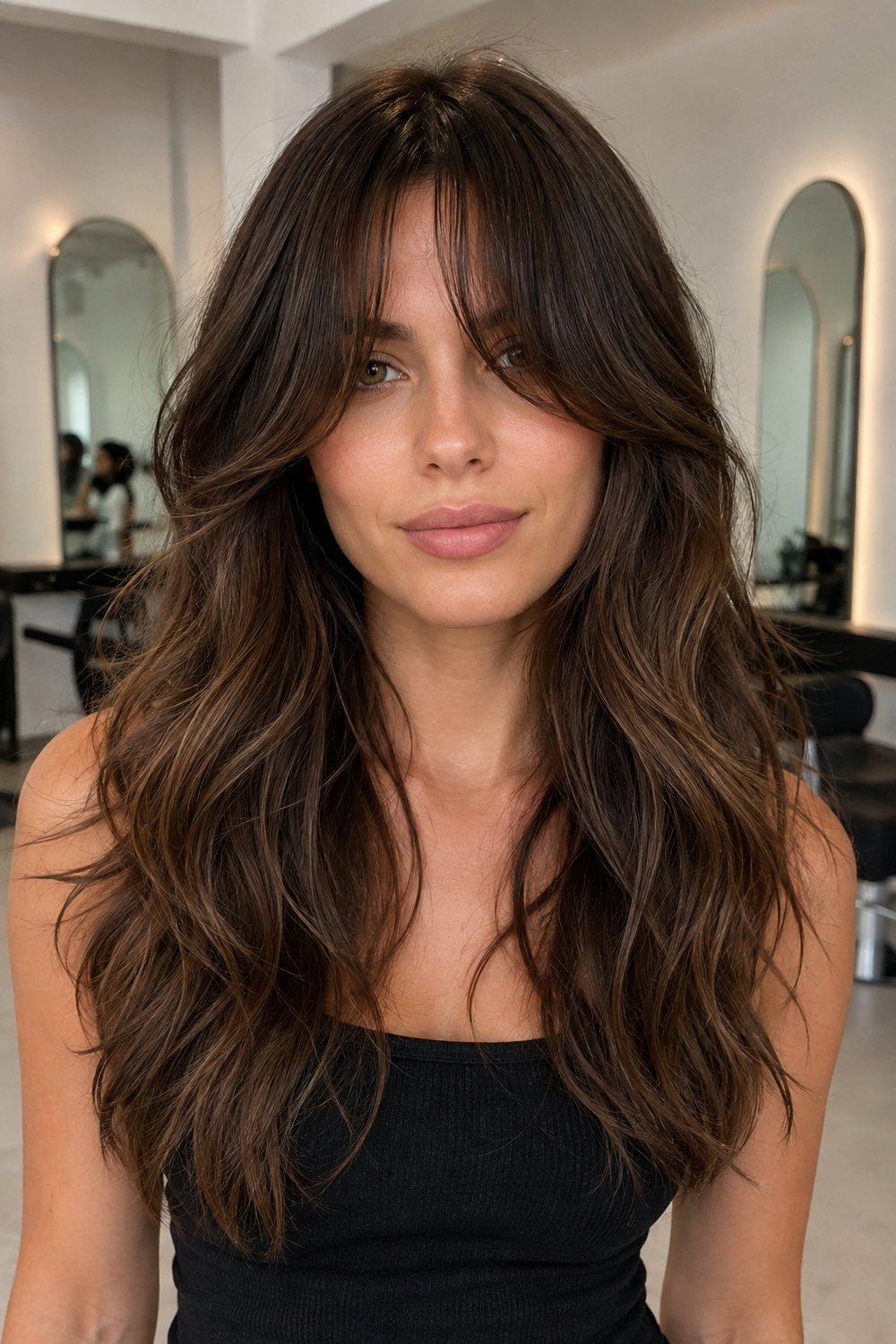 Woman with long soft waves and center-focused fringe that blends into longer face-framing sides around the cheekbones.