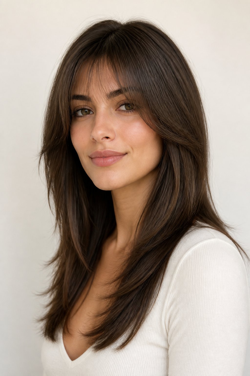 Woman with long straight brunette hair and a light feathered fringe blended into layers.