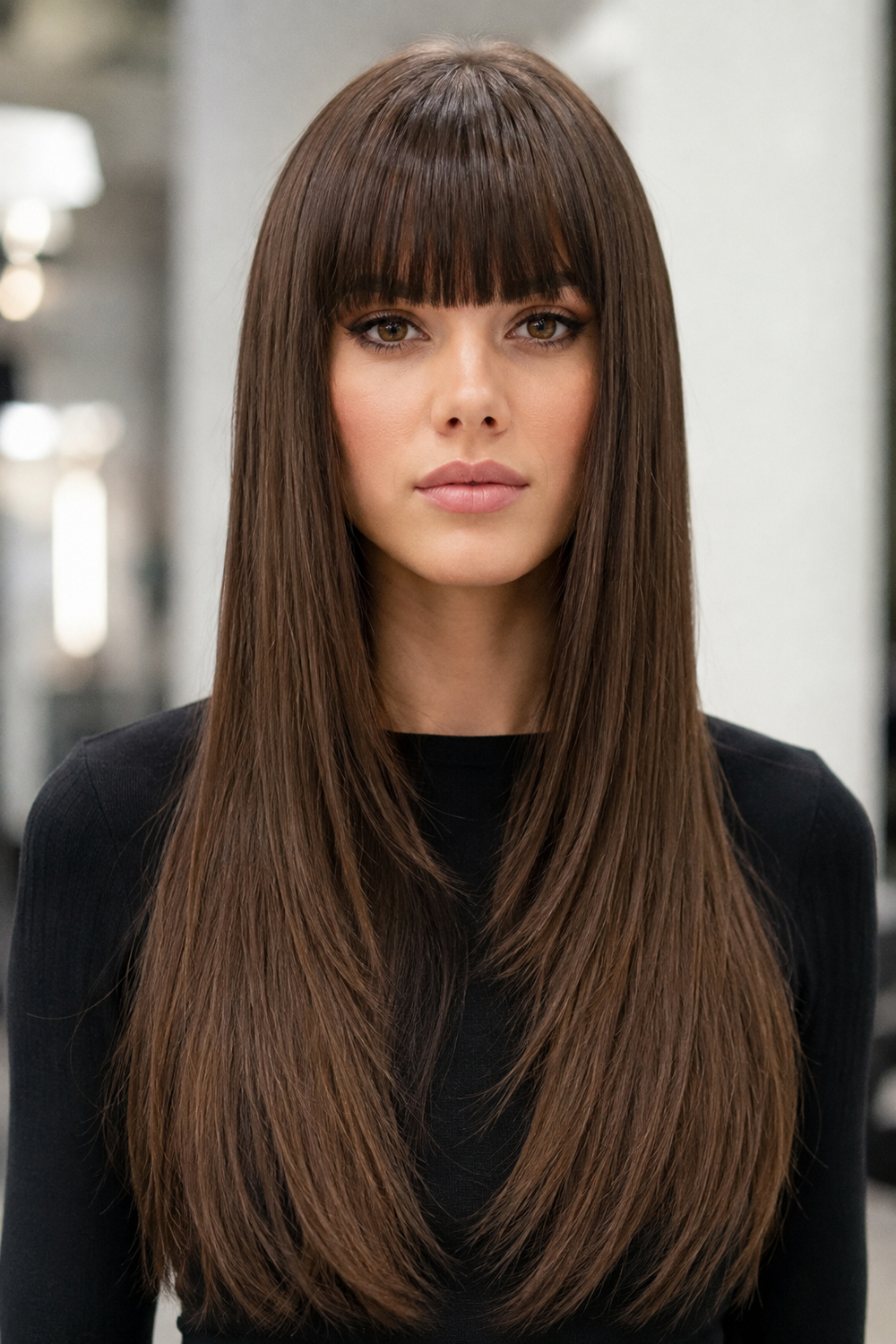 Woman with long straight hair and full blunt bangs creating a strong horizontal line across the forehead.