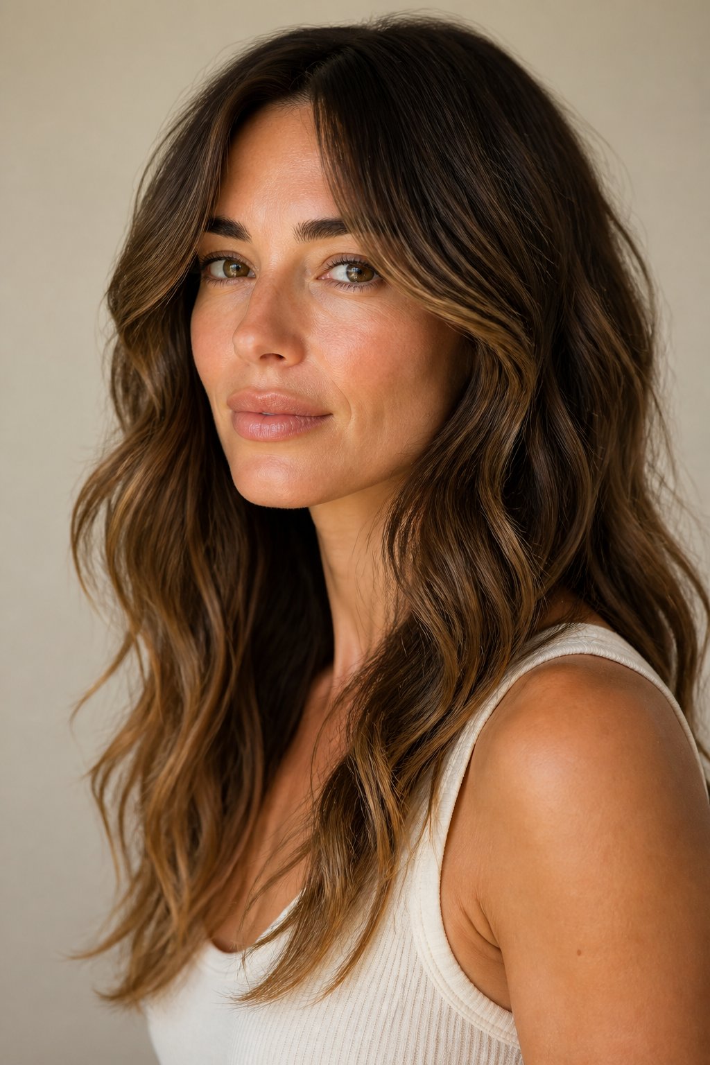 Woman with long wavy brunette hair and textured curtain fringe framing her cheekbones.