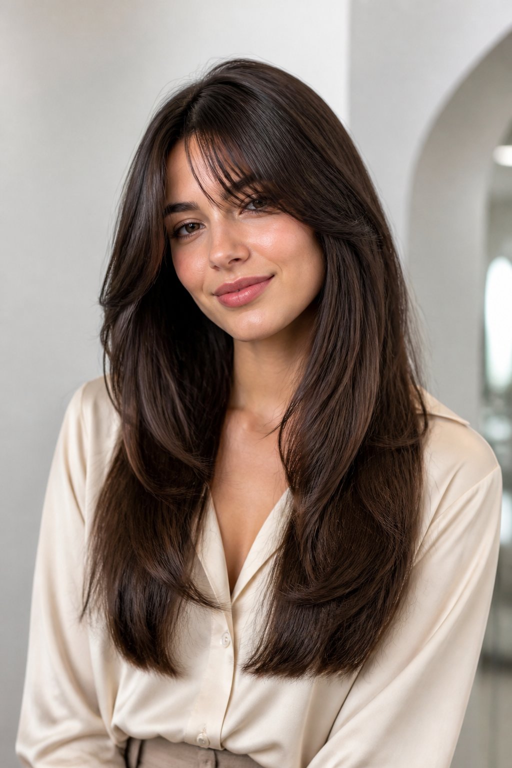 Woman with polished long dark hair, sleek layers, and softly parted bangs.