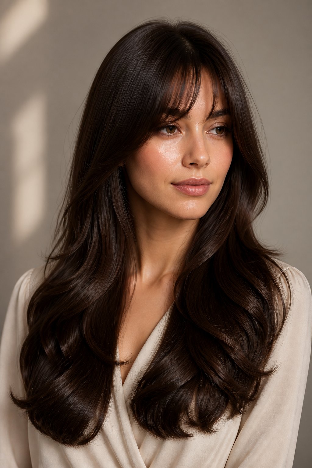 Woman with shiny, evenly colored dark brunette hair and softly styled bangs.