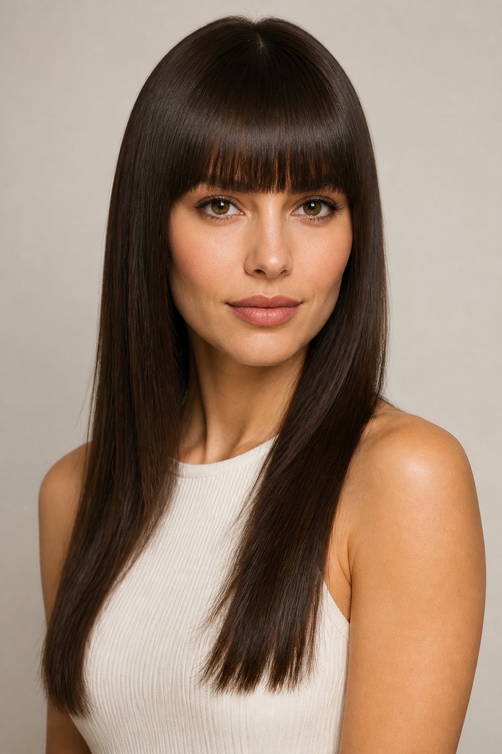 Woman with sleek long dark hair and a straight eyebrow-skimming blunt fringe.