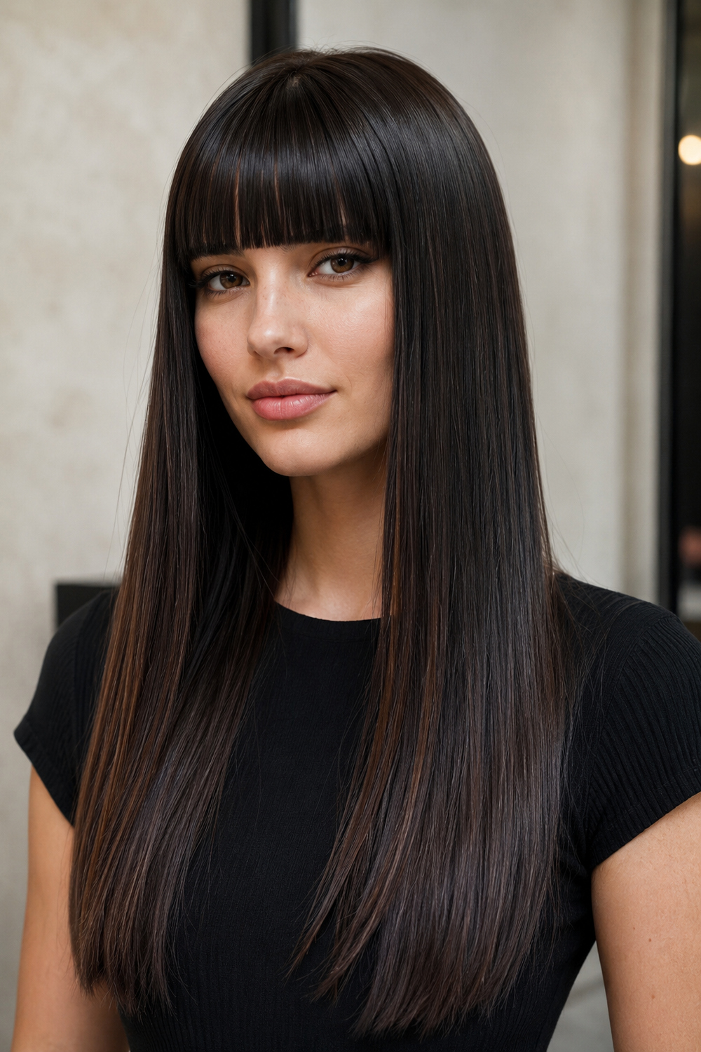 Woman with sleek long straight dark hair and a precise straight-across blunt fringe.