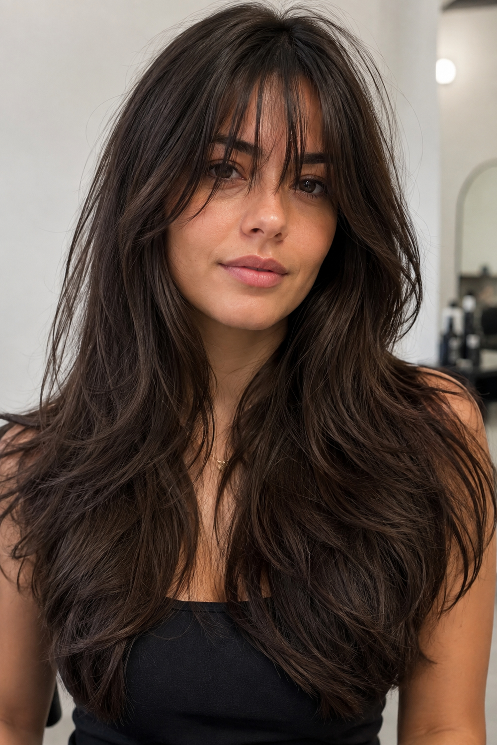 Woman with thick long layered hair and textured bangs that remove visual bulk while keeping fullness.