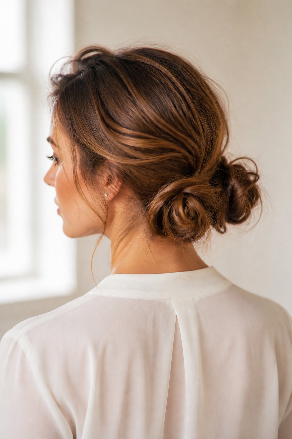 Woman with two loose low buns at the nape featuring soft texture and gently lifted roots.