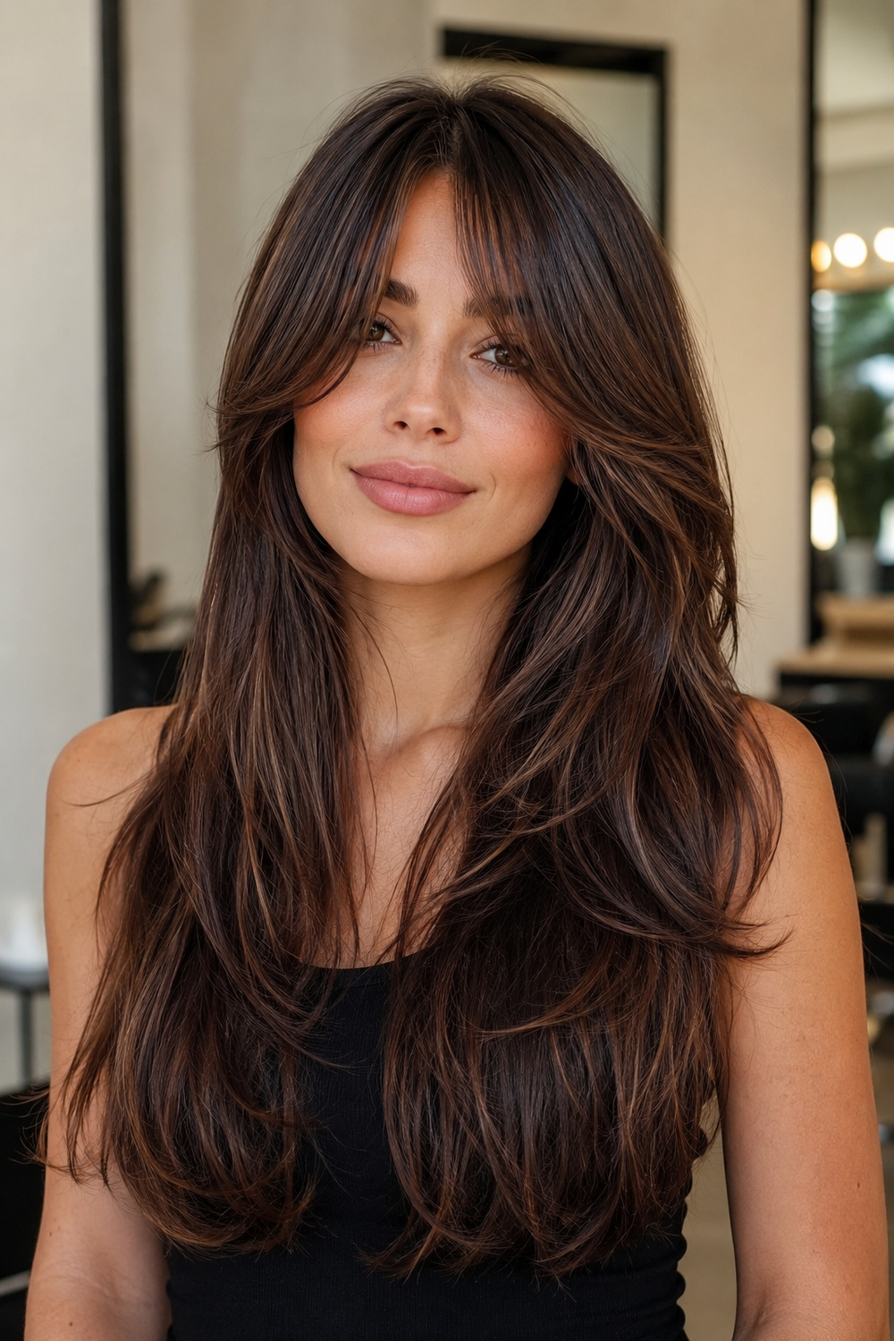Woman with very long layered brunette hair and soft center-parted curtain bangs blending into face-framing layers.