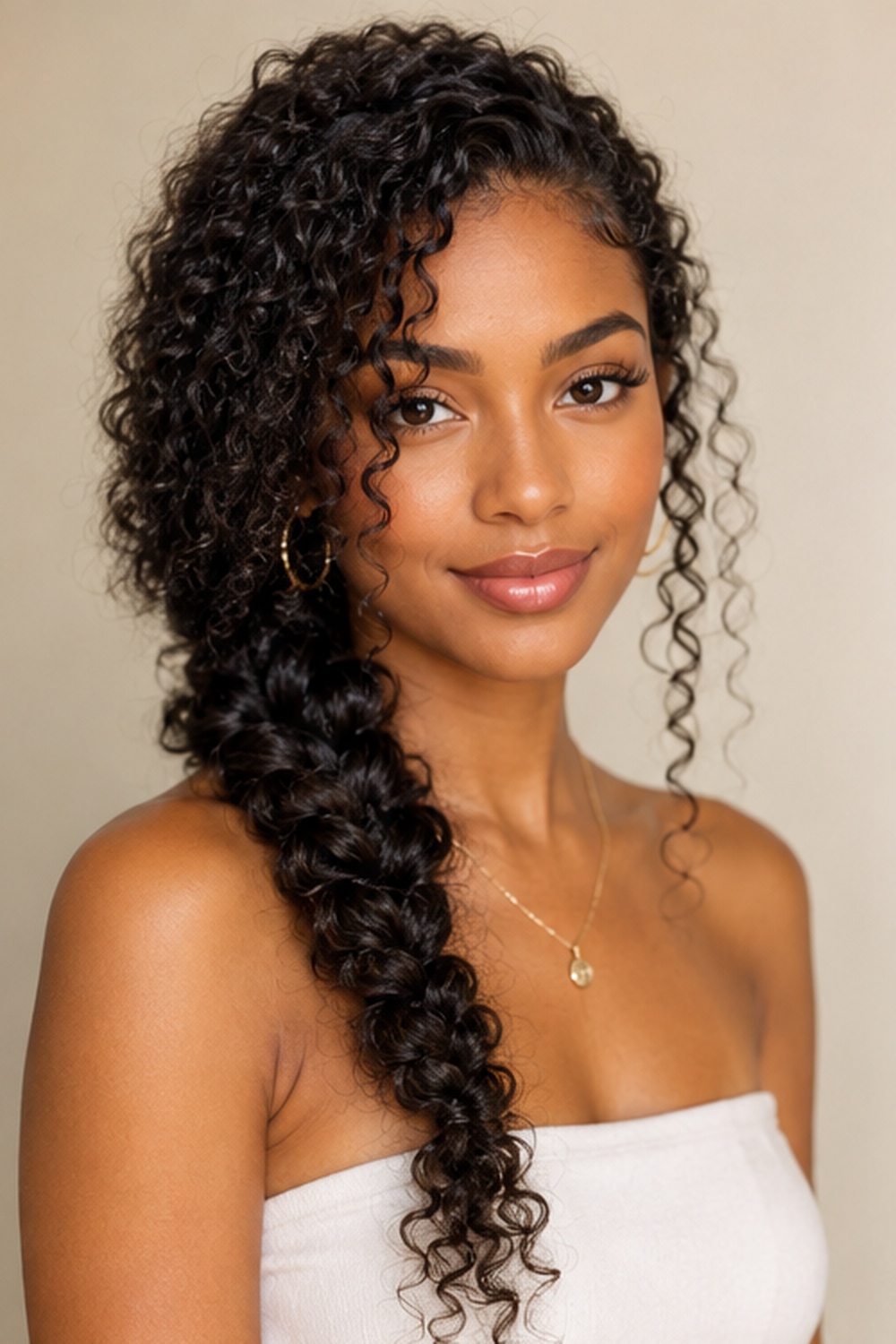 Sweeping a single thick braid over one shoulder is a timeless look that instantly feels romantic. 