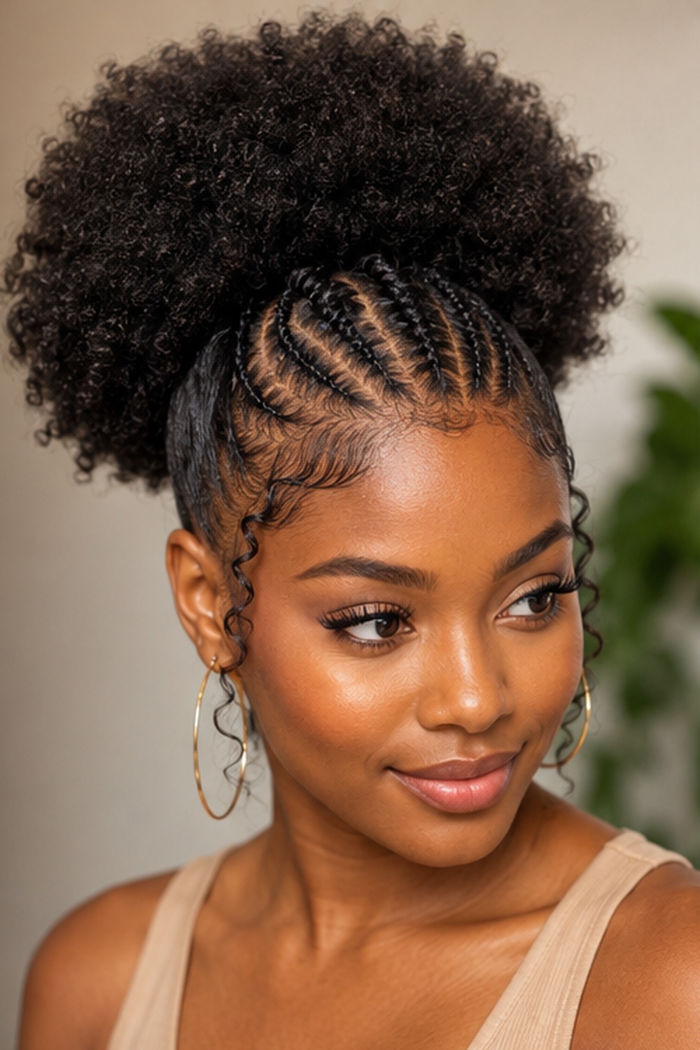 This look combines a rounded afro puff with a braided accent near the hairline for extra detail and structure.