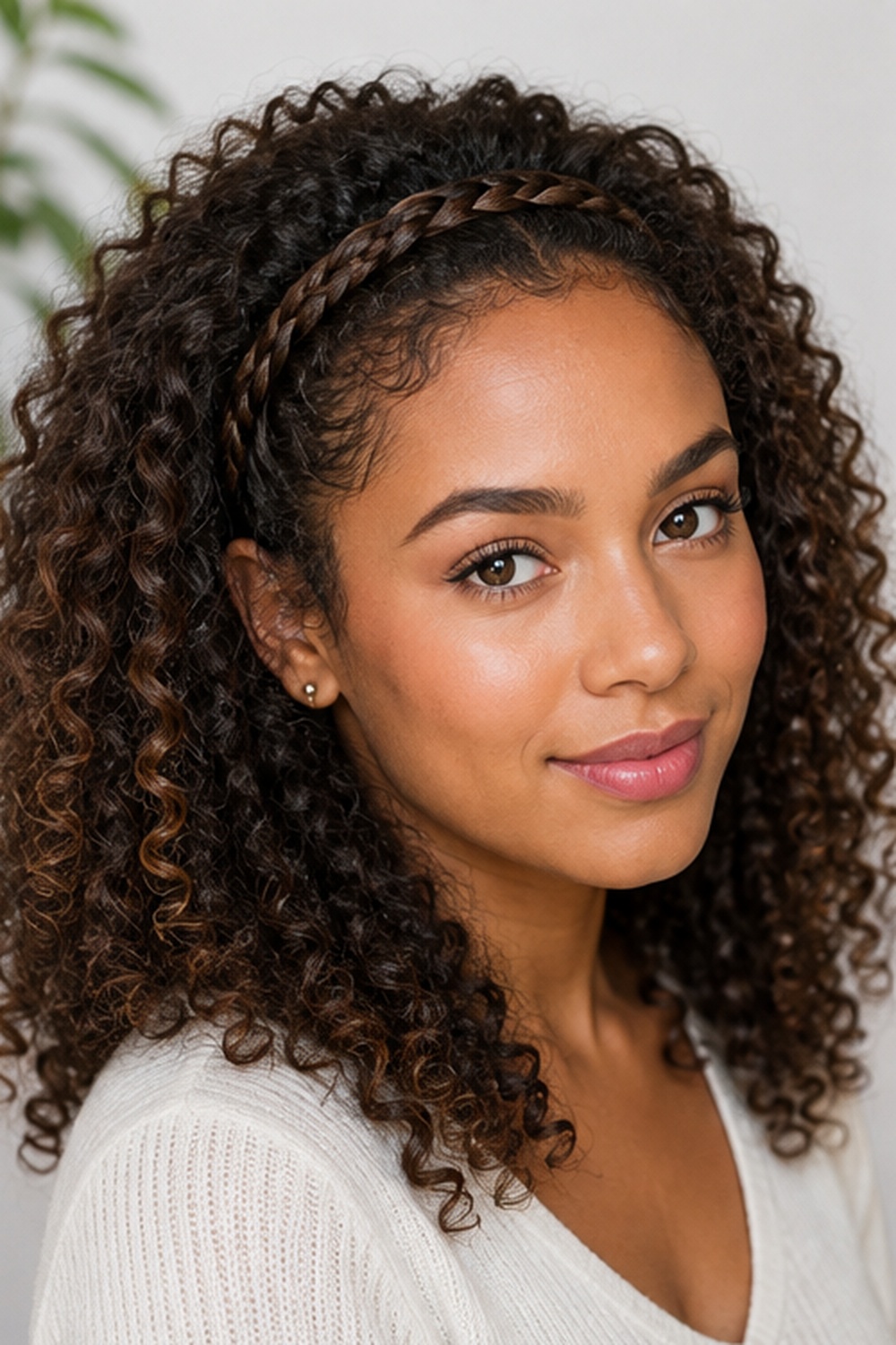 This style uses a single braid across the front of the head like a headband, keeping curls out of the face while adding a decorative element.