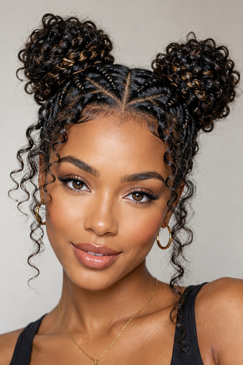 Space buns get a trendy update when a small braid is added before twisting each section into a bun. It's playful, youthful, and full of texture.
