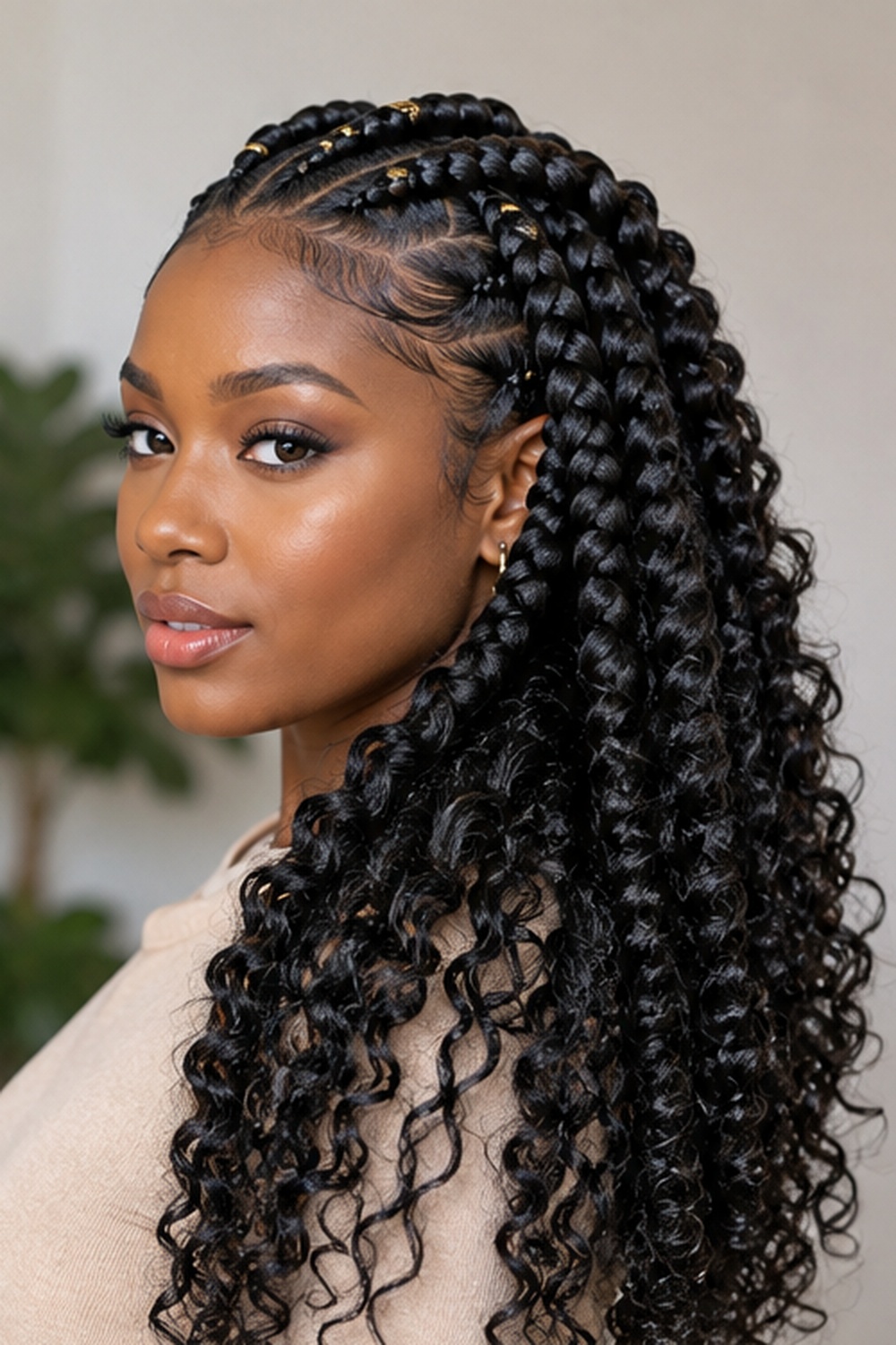 Goddess braids are thicker, more raised versions of cornrows, often finished with curly ends for a soft contrast against the sleek braided base.